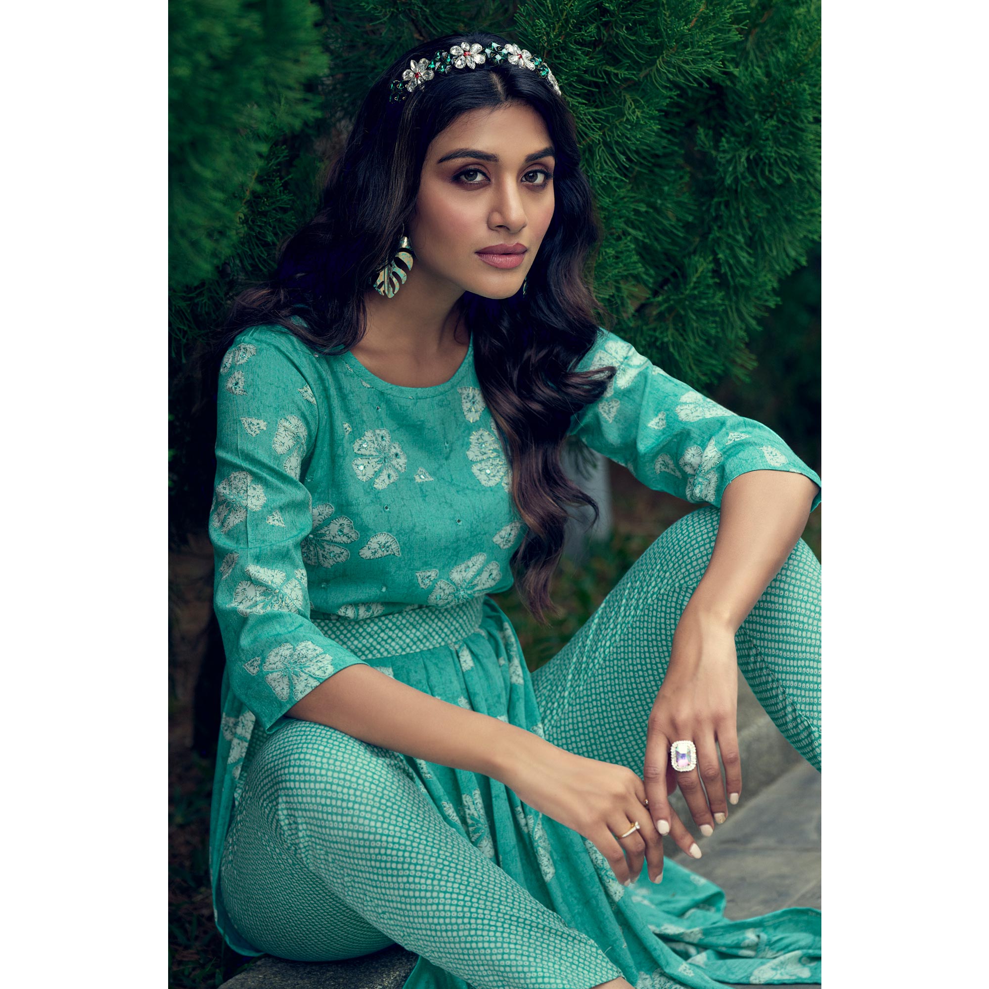 Aqua Green Printed With Mirror Work Rayon Naira Cut Suit