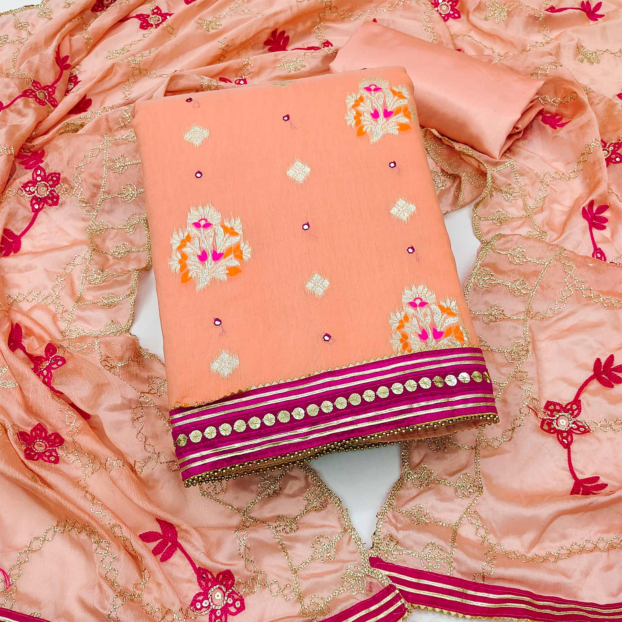 Peach Floral Woven Banarasi Silk Dress Material