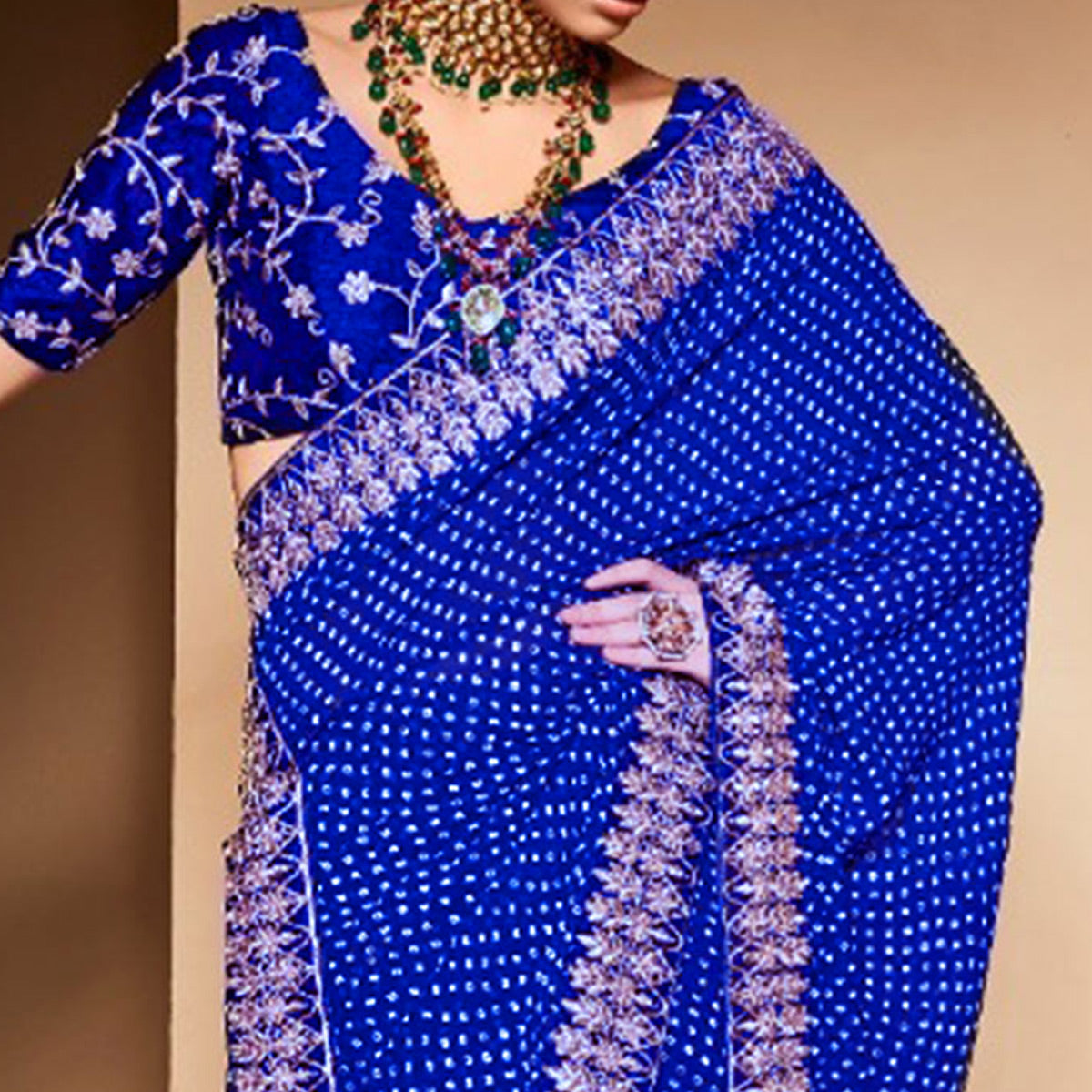 Blue Bandhani Printed With Embroidered Border Georgette Saree