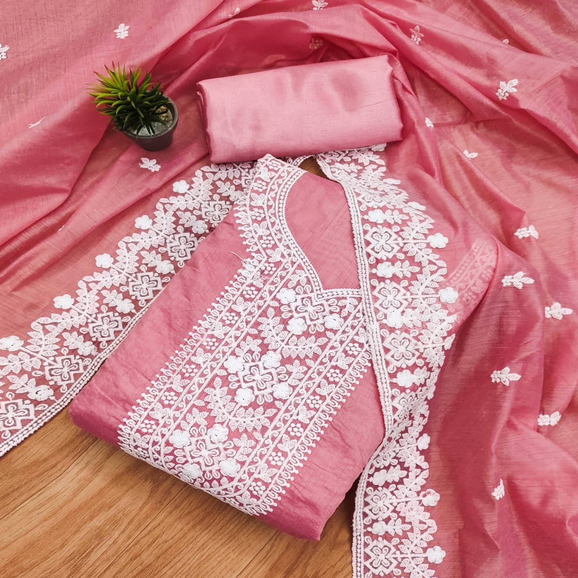 Pink Lucknowi Embroidered Modal Dress Material