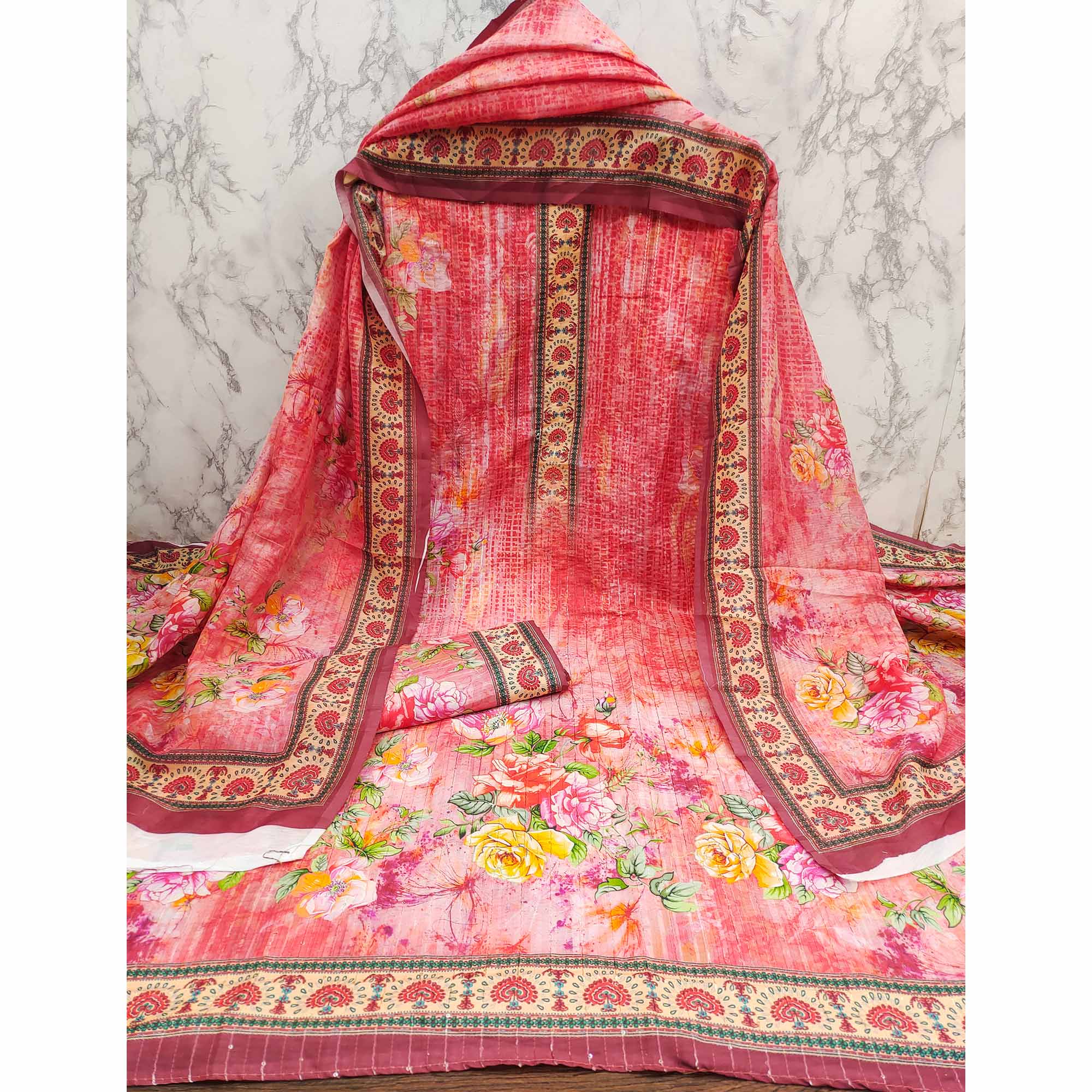 Red Floral Digital Printed Muslin Dress Material