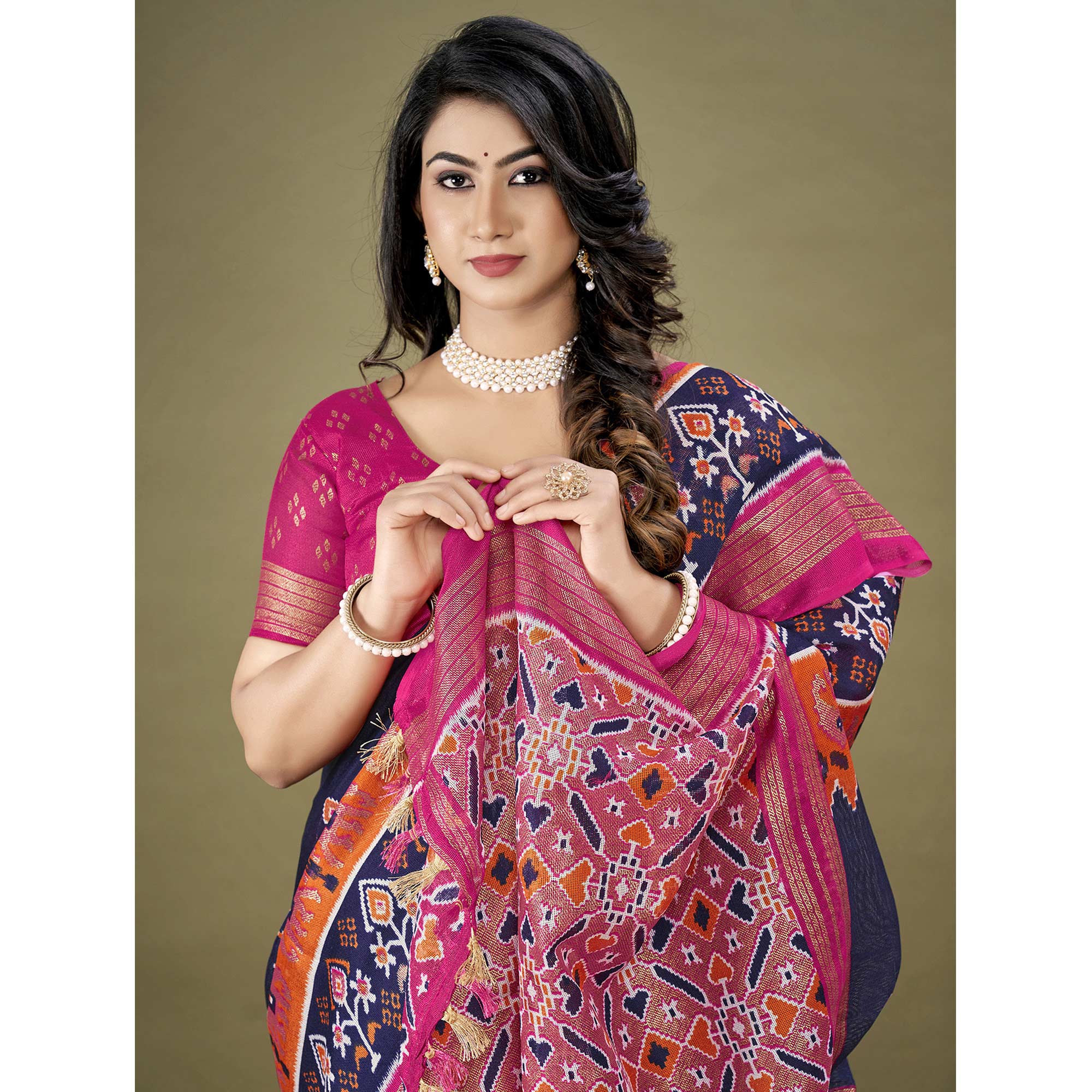 Navy Blue Printed Jute Patola Saree