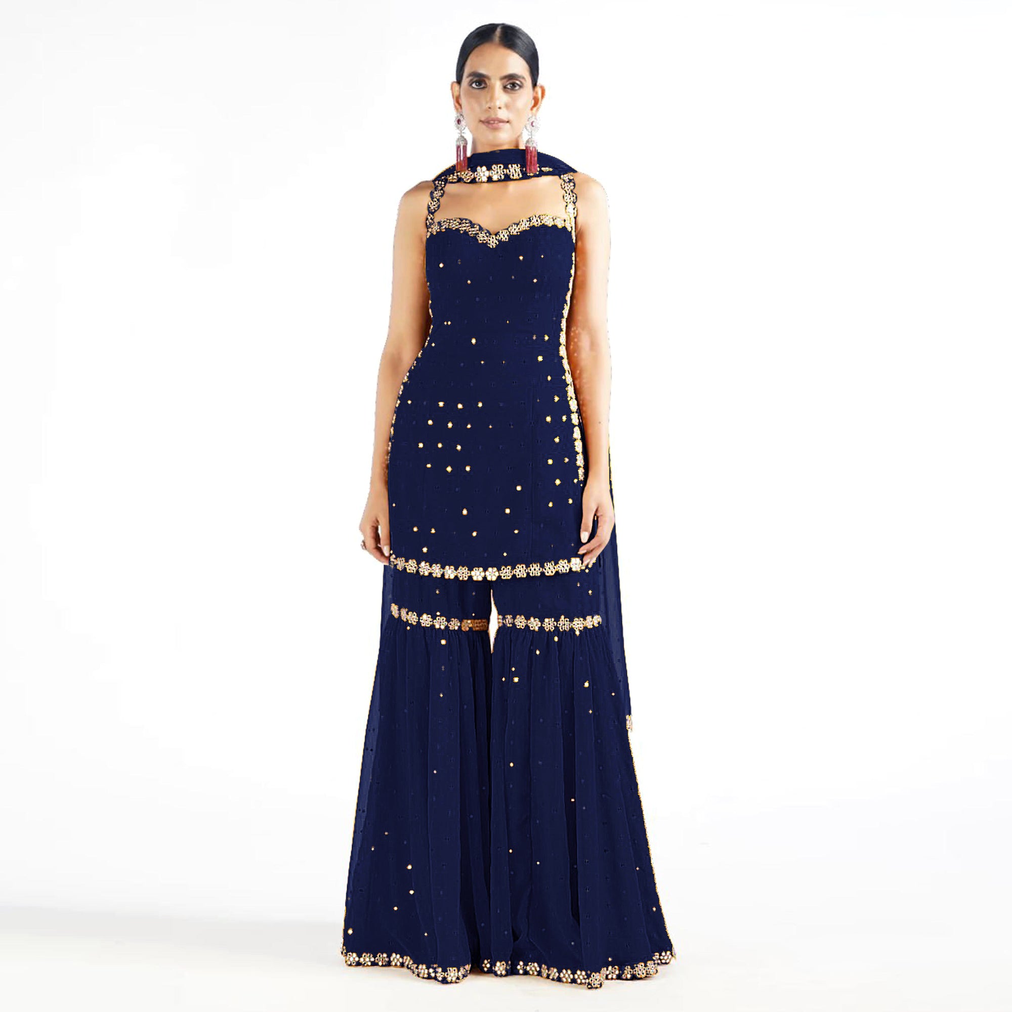 Blue Sequins Embroidered Georgette Sharara Suit