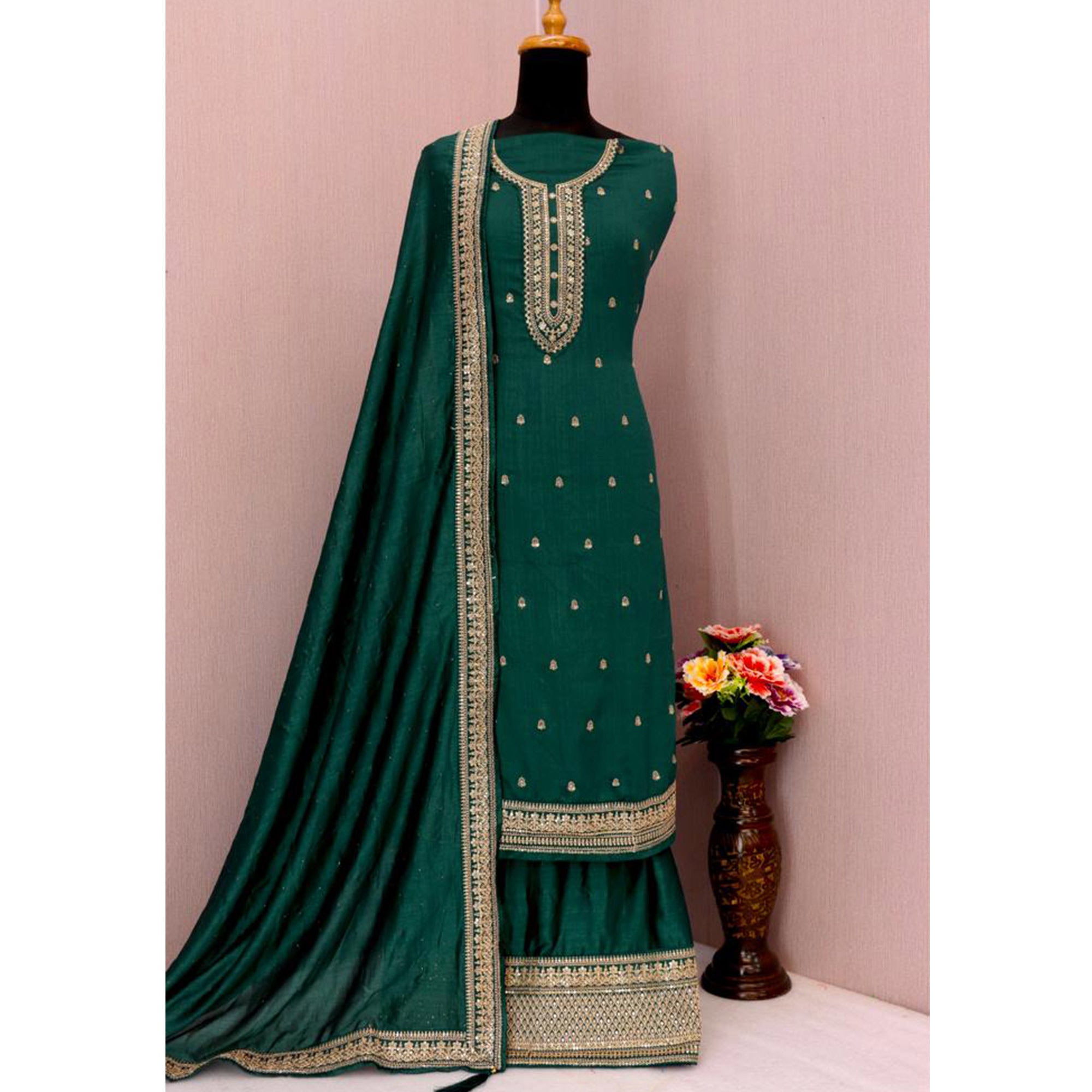 Green Floral Embroidered Georgette Semi Stitched Palazzo Suit