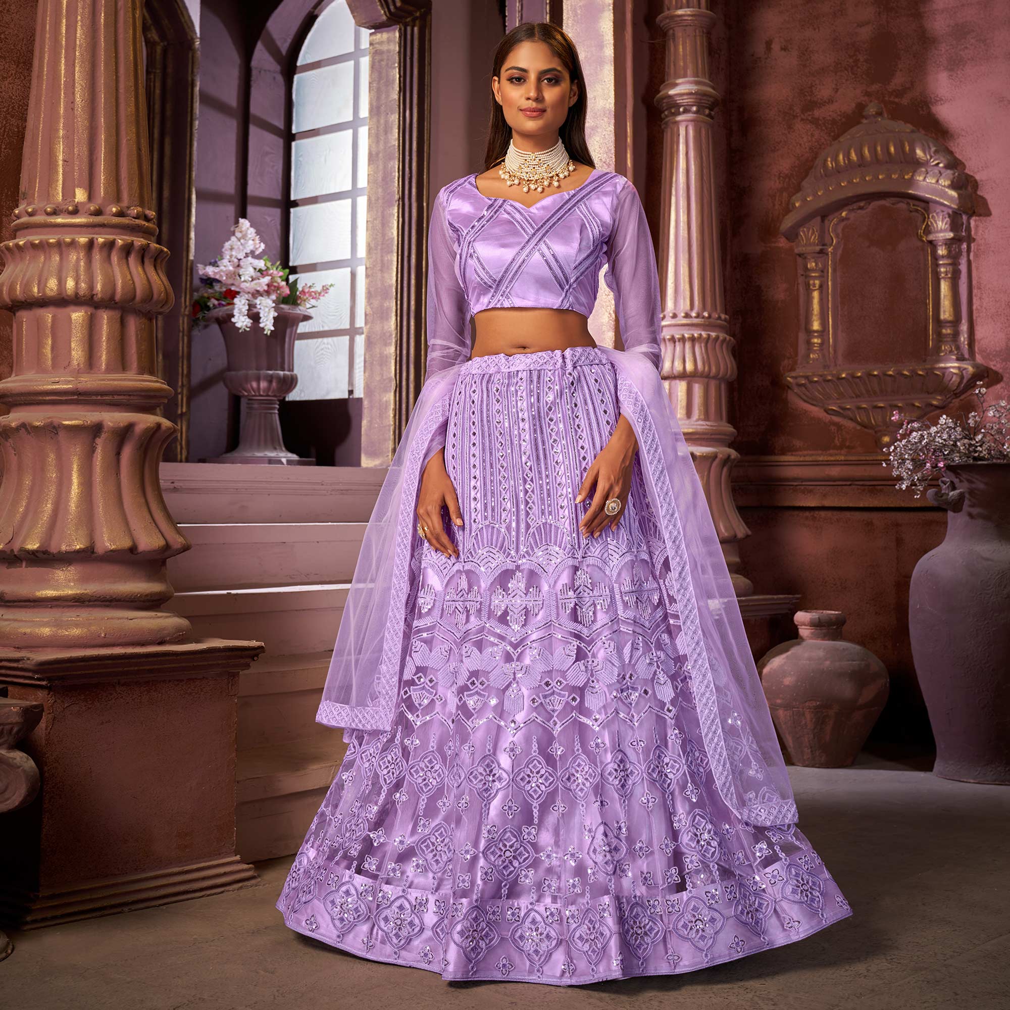 Violet Sequins Embroidered Netted Lehenga Choli