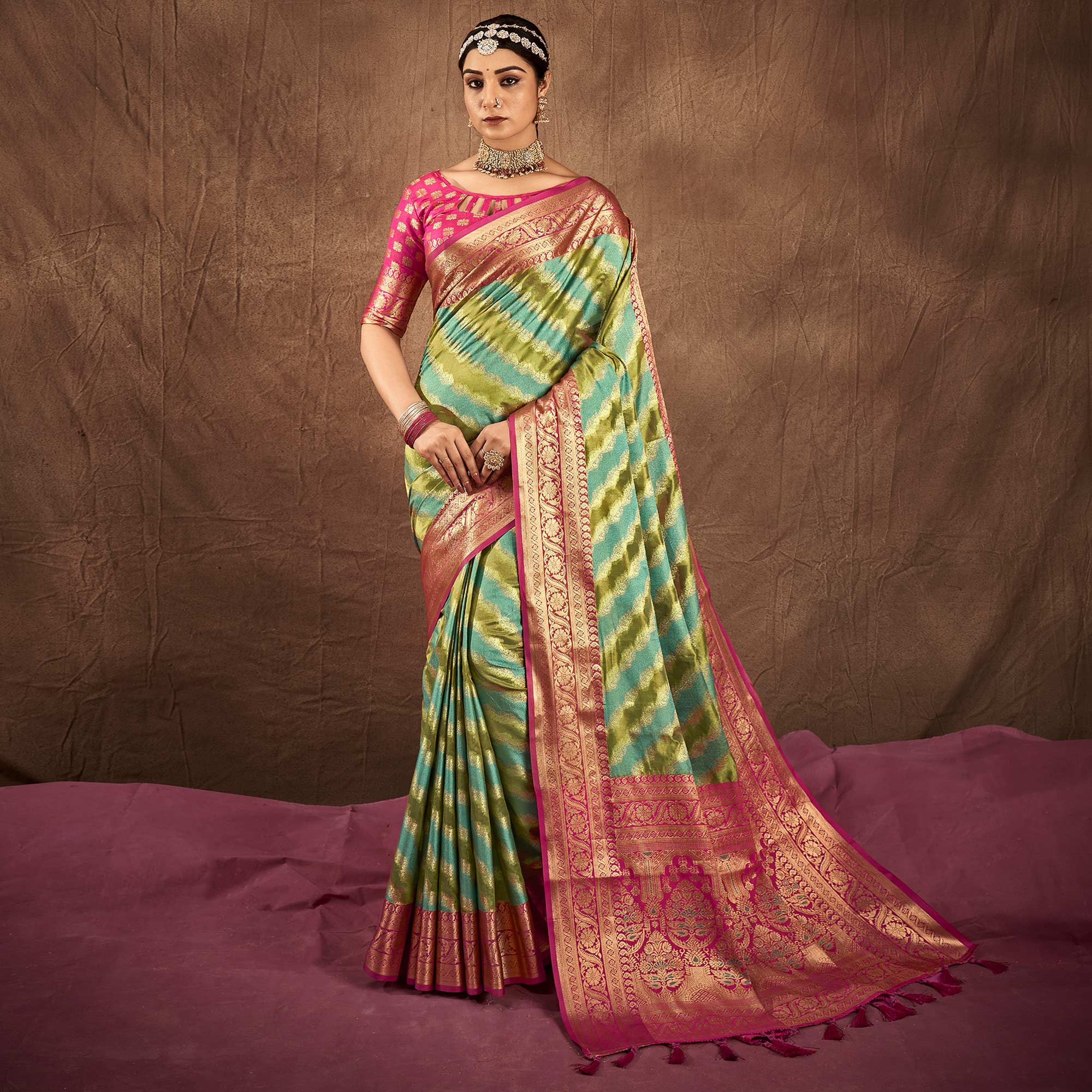 Green & Blue Woven Art Silk Saree