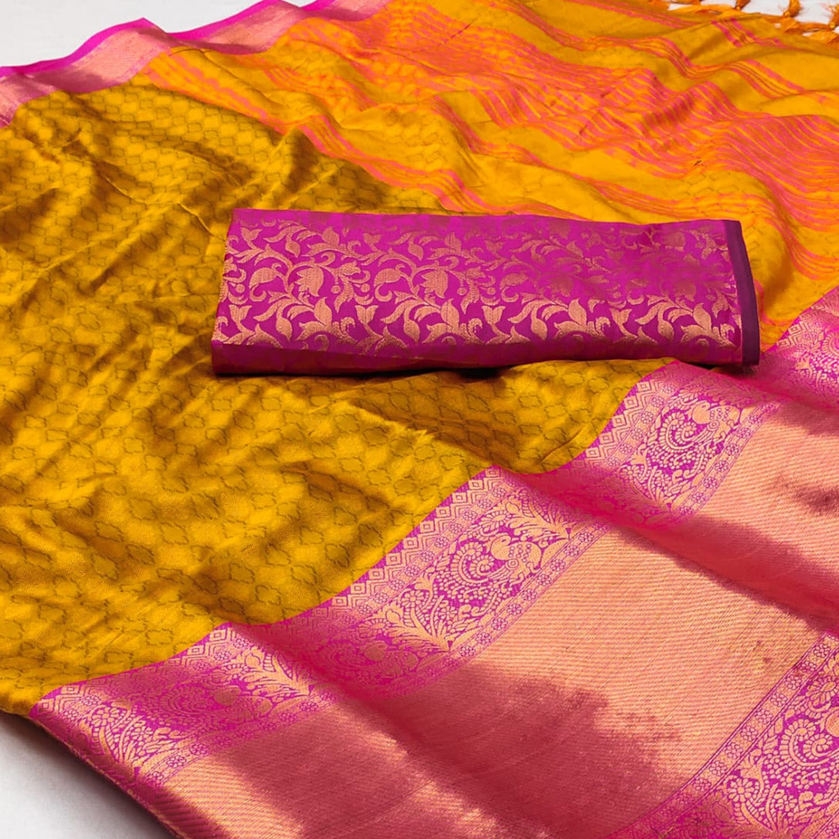 Gold Woven Cotton Silk Saree With Tassels