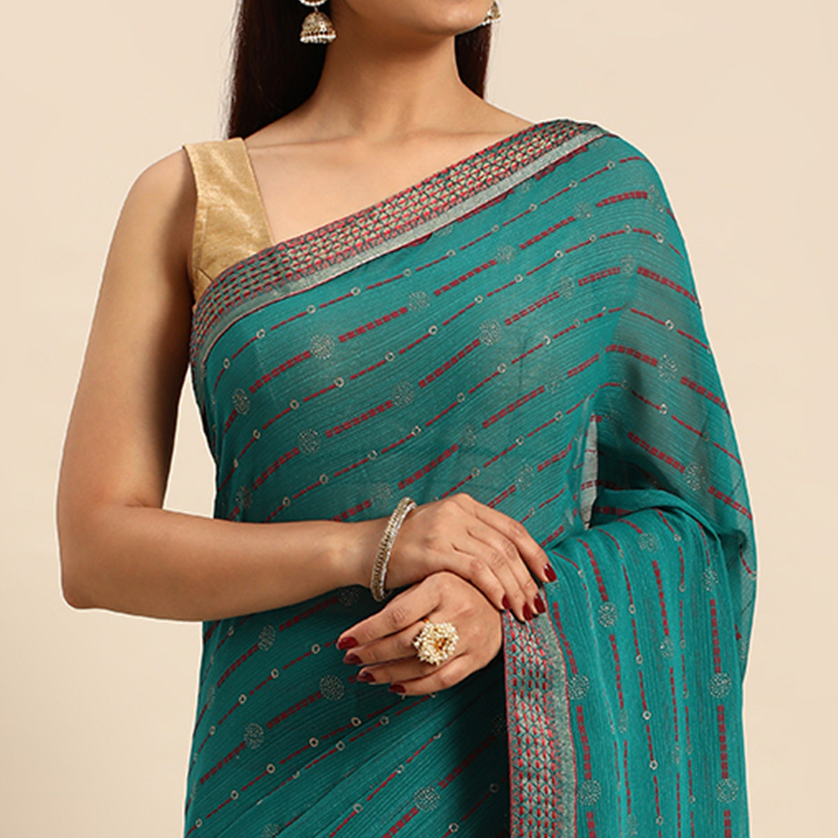 Turquoise Green Foil Printed Zomato Saree