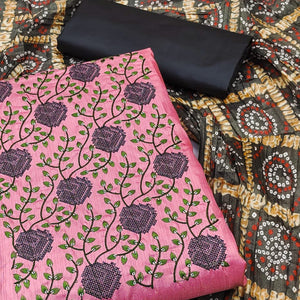 Pink Embroidered Art Silk Dress Material