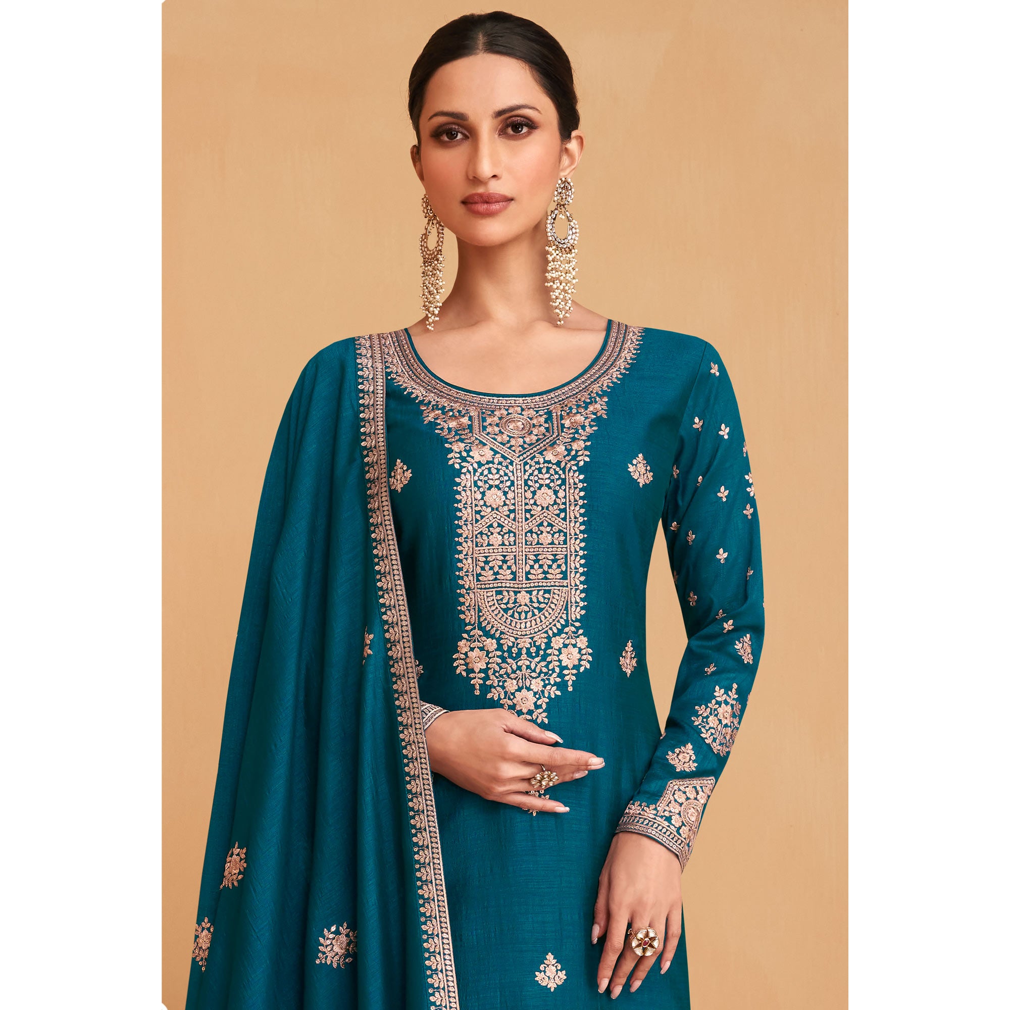 Rama Blue Embroidered Art Silk Palazzo Suit
