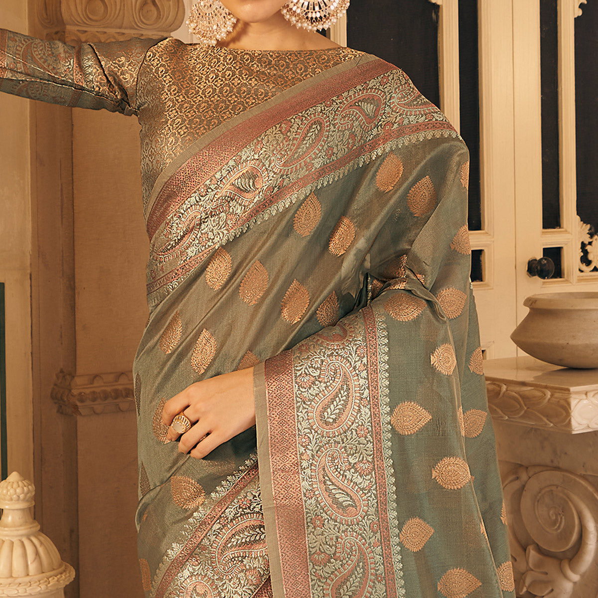 Grey Woven Organza Saree