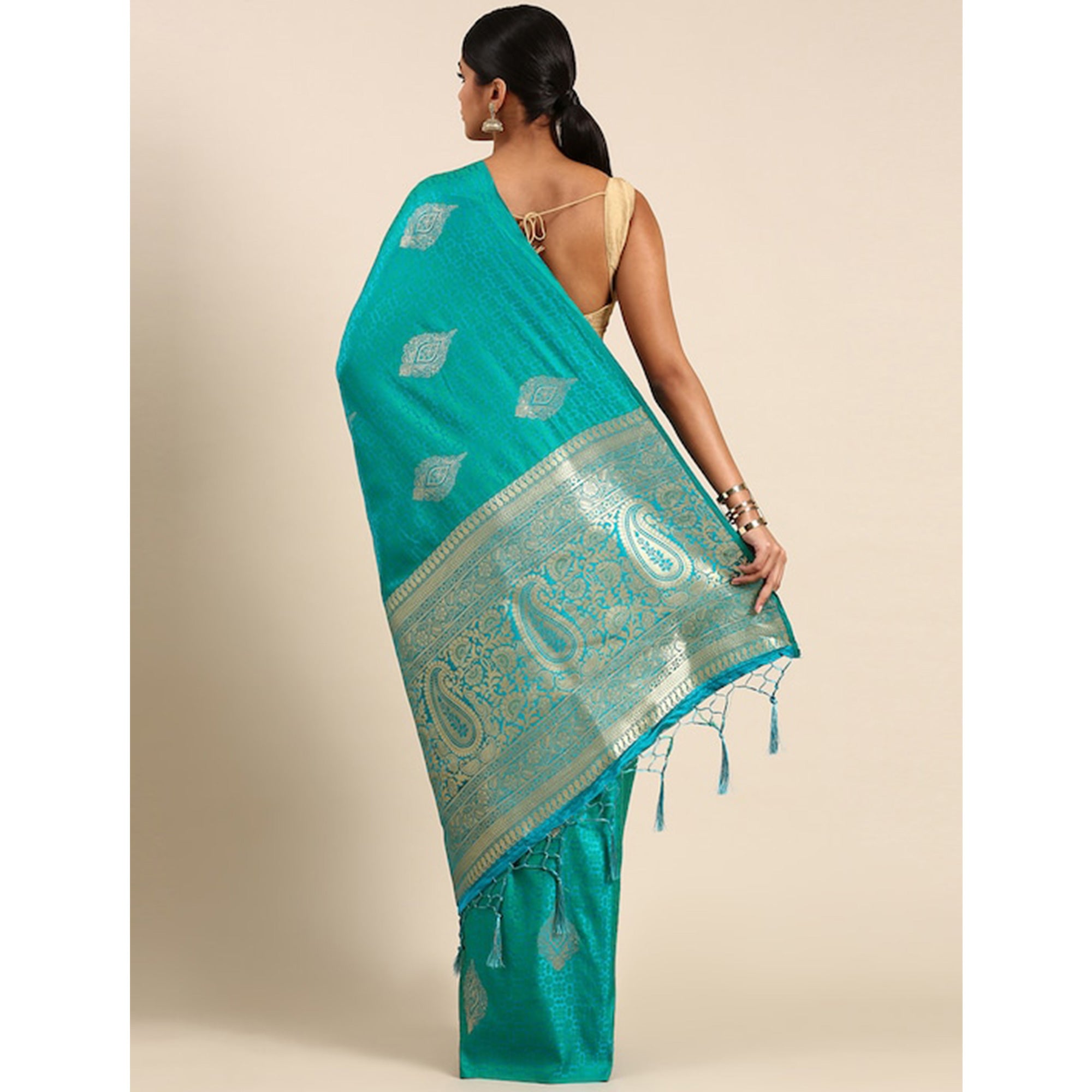 Rama Blue Woven Kanjivaram Silk Saree WithTassels