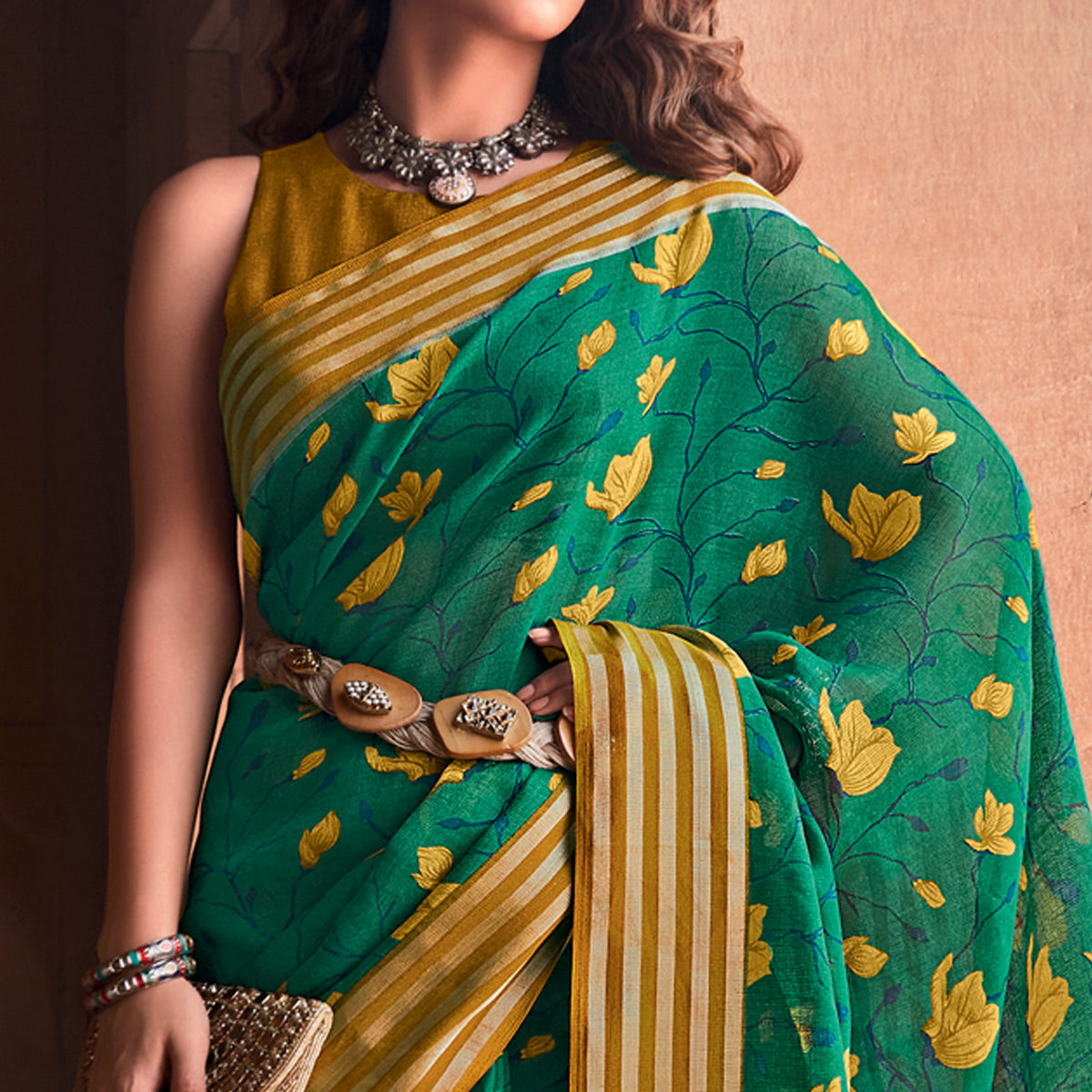 Green Floral Printed Linen Saree
