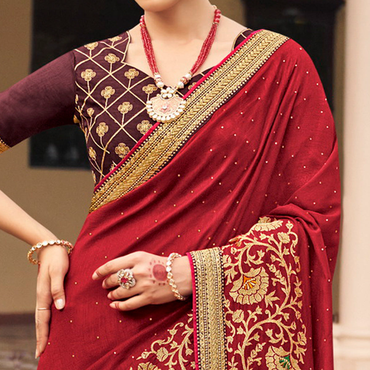 Dark Red Embroidered With Stone Work Vichitra Silk Saree