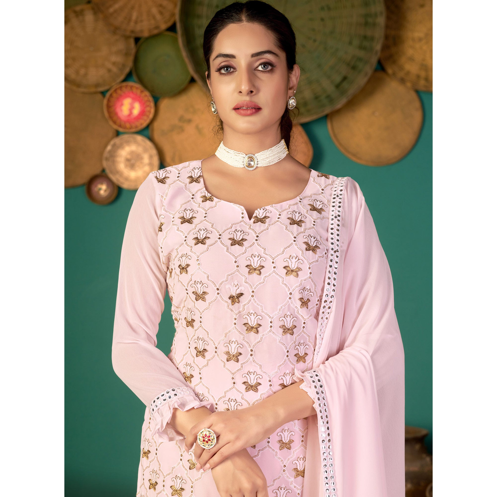 Pink Floral Embroidered Georgette Suit