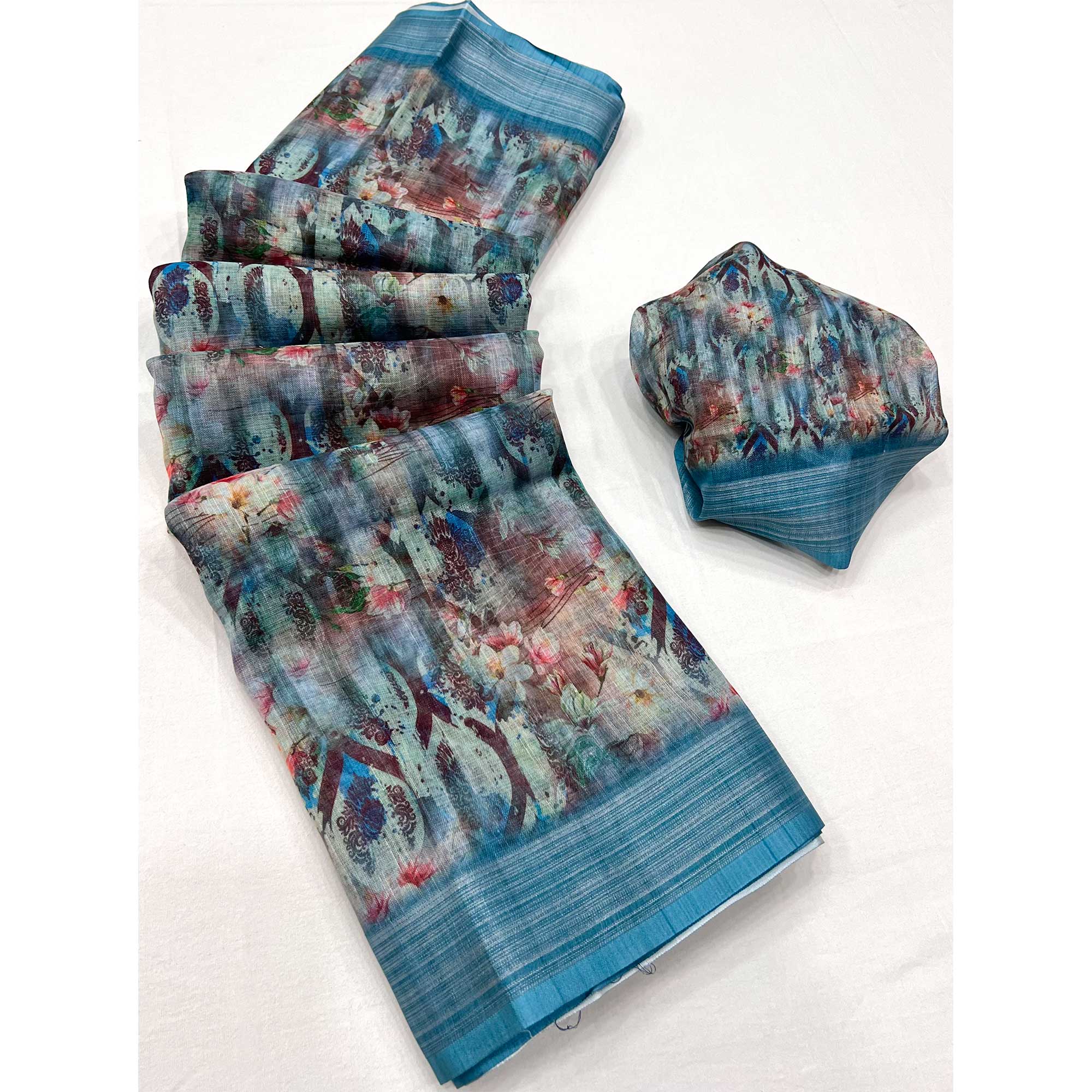 Blue Digital Printed Linen Saree