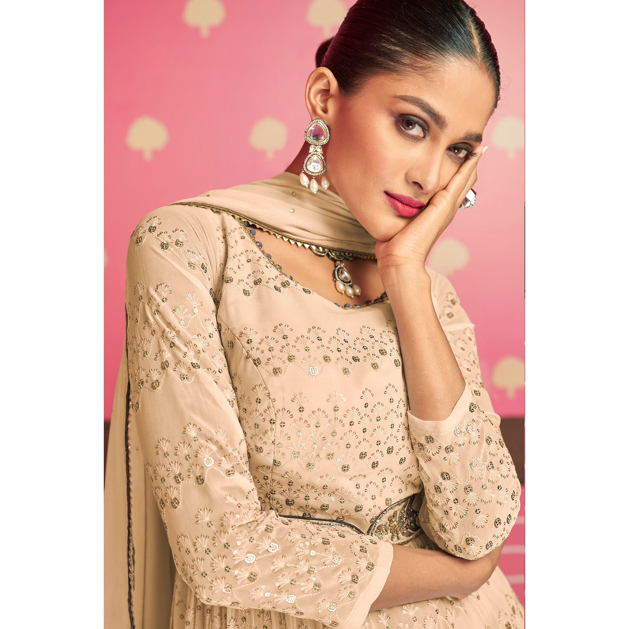 Beige Sequins Embroidered Georgette Naira Cut Suit