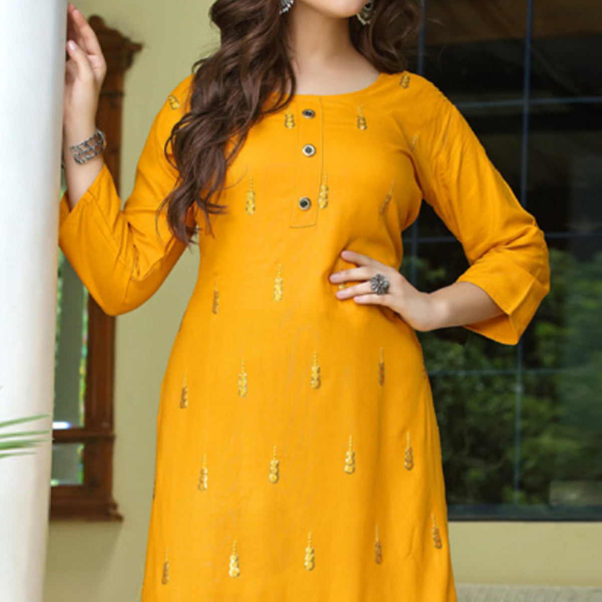 Yellow Embroidered Rayon Kurti