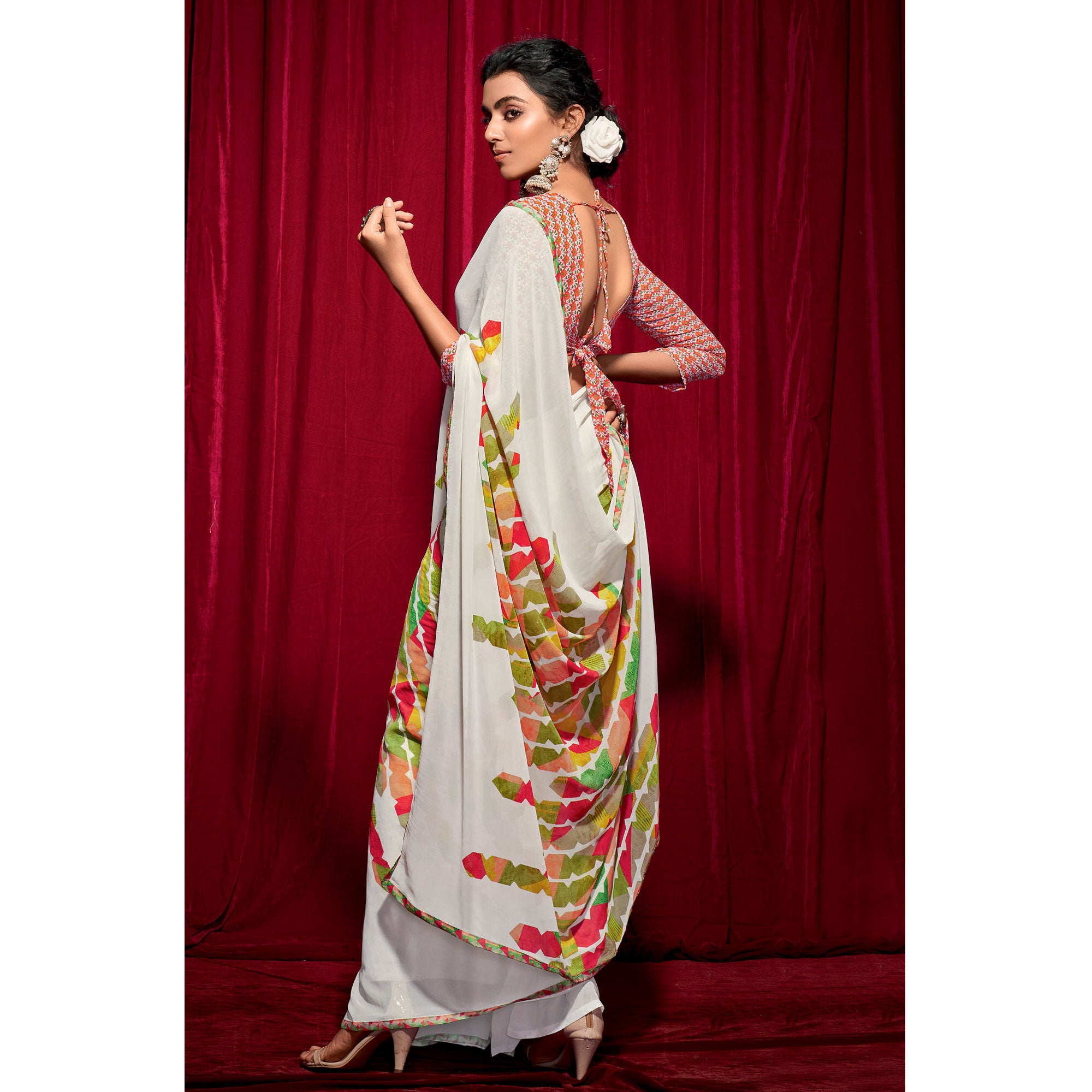 White Printed Georgette Saree
