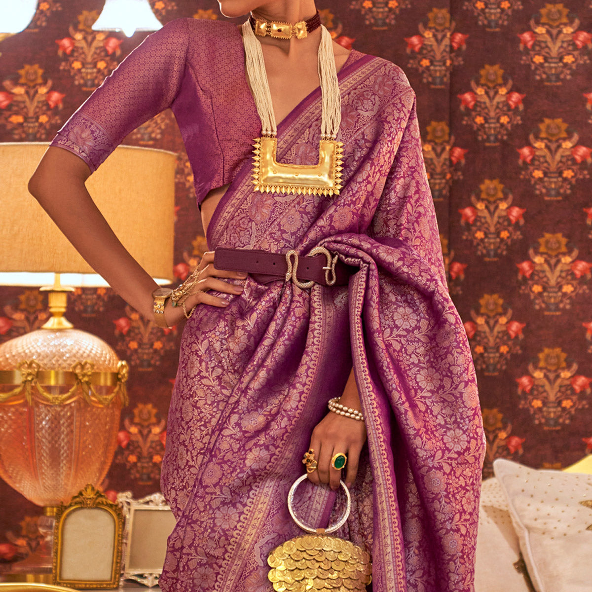 Purple Floral Woven Art Silk Saree