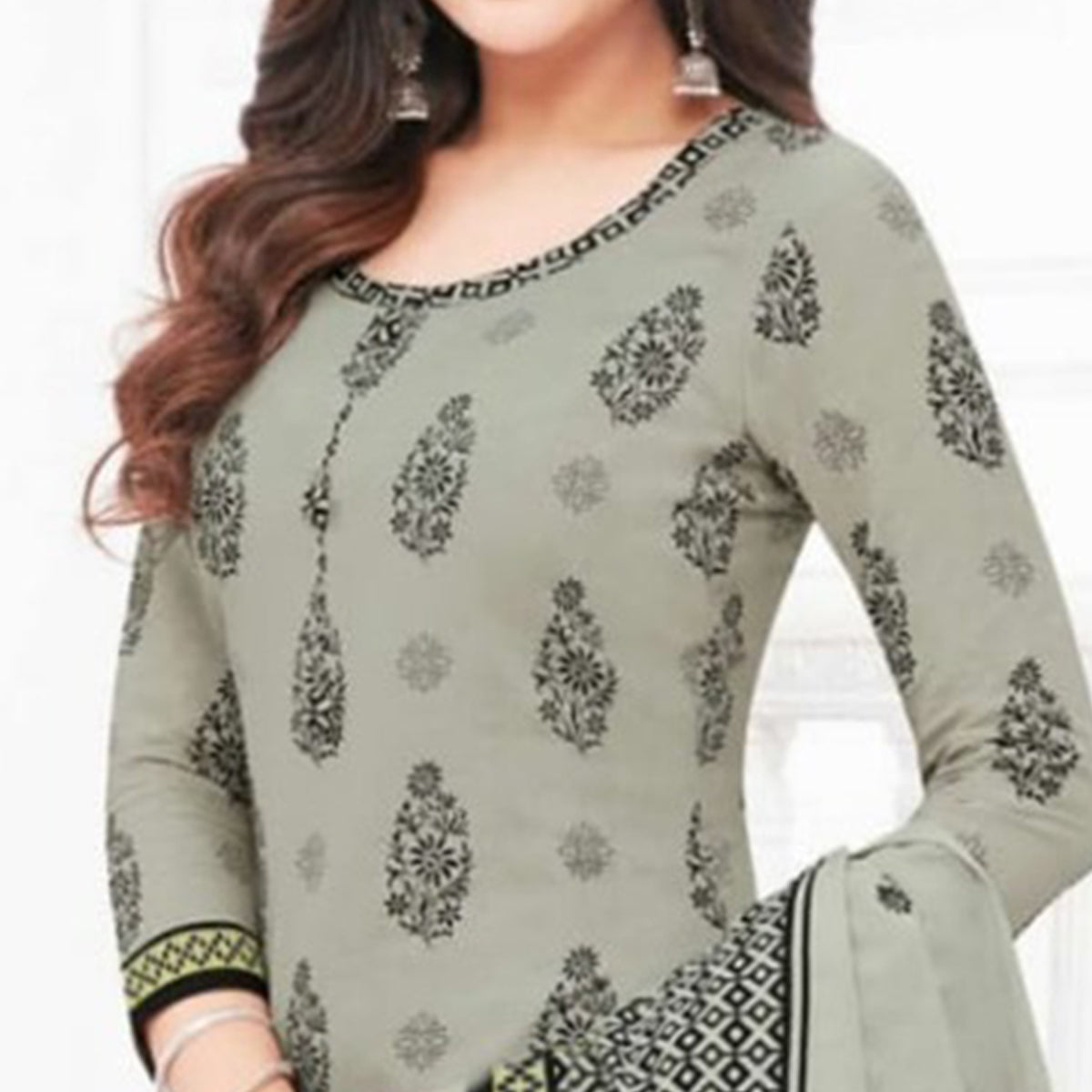 Grey Printed Crepe Patiala Dress Material