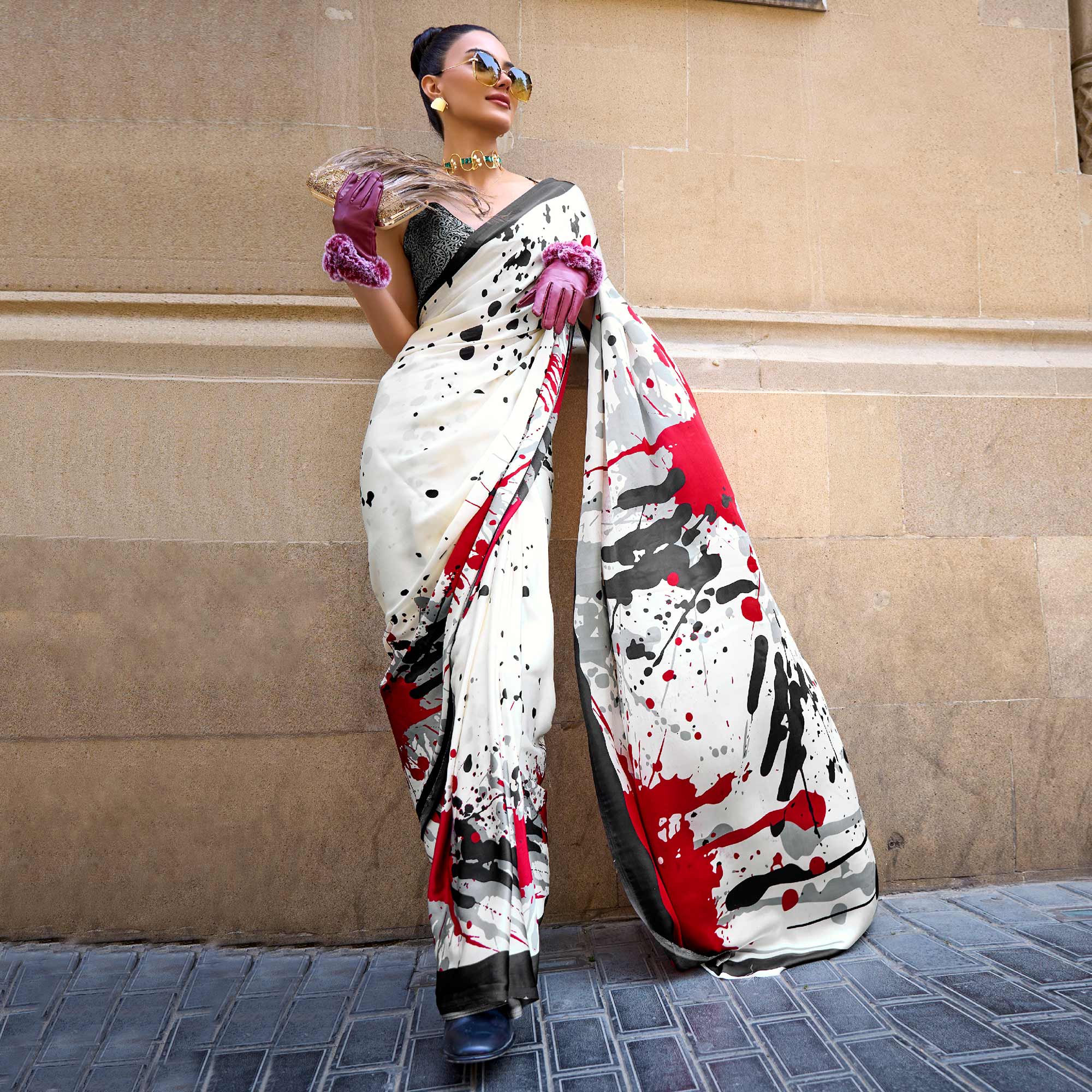 Offwhite Printed Crepe Saree