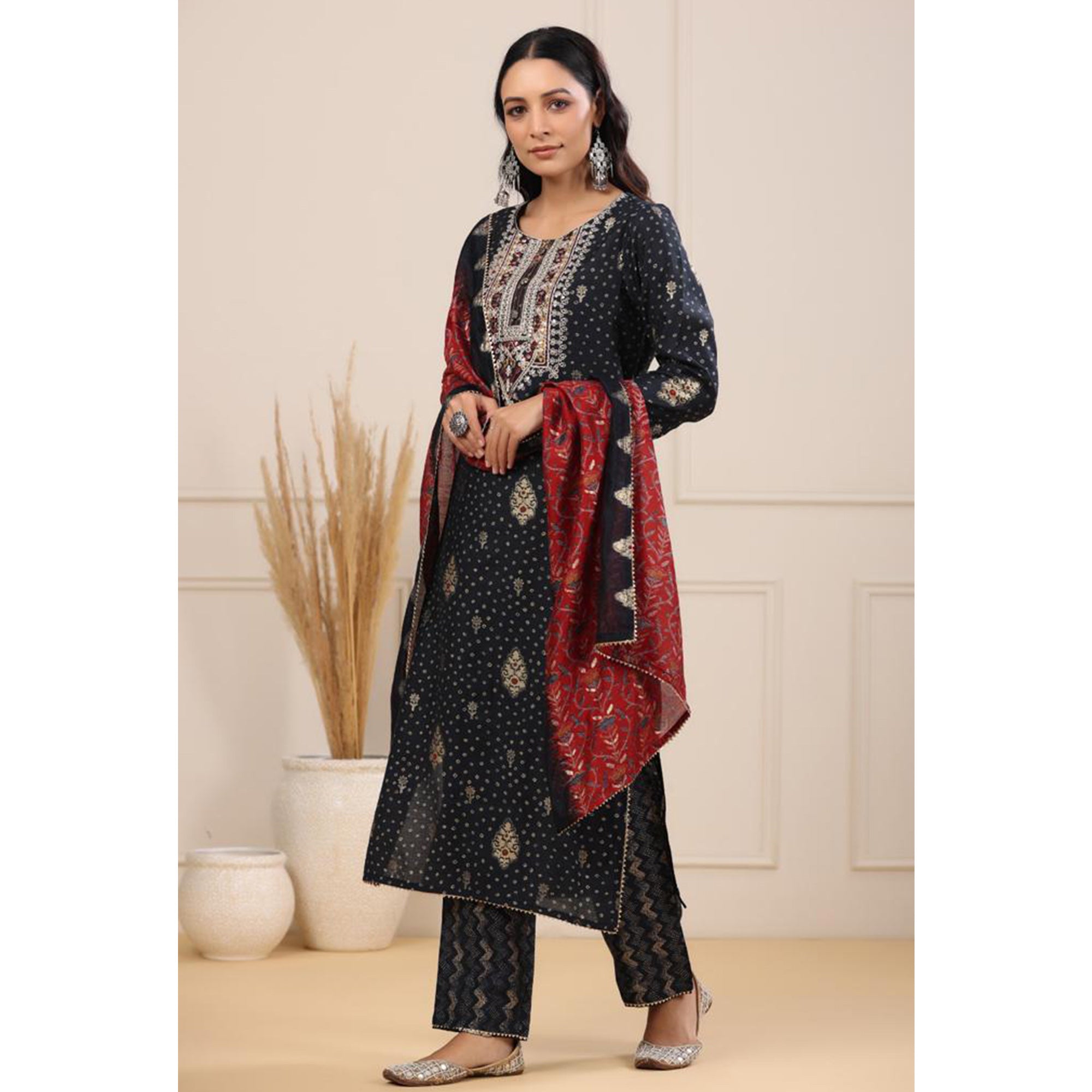 Black Jaipuri Printed With Embroidered Chanderi Salwar Suit