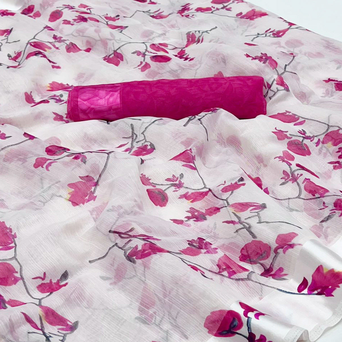 White Pink Floral Printed Linen Saree