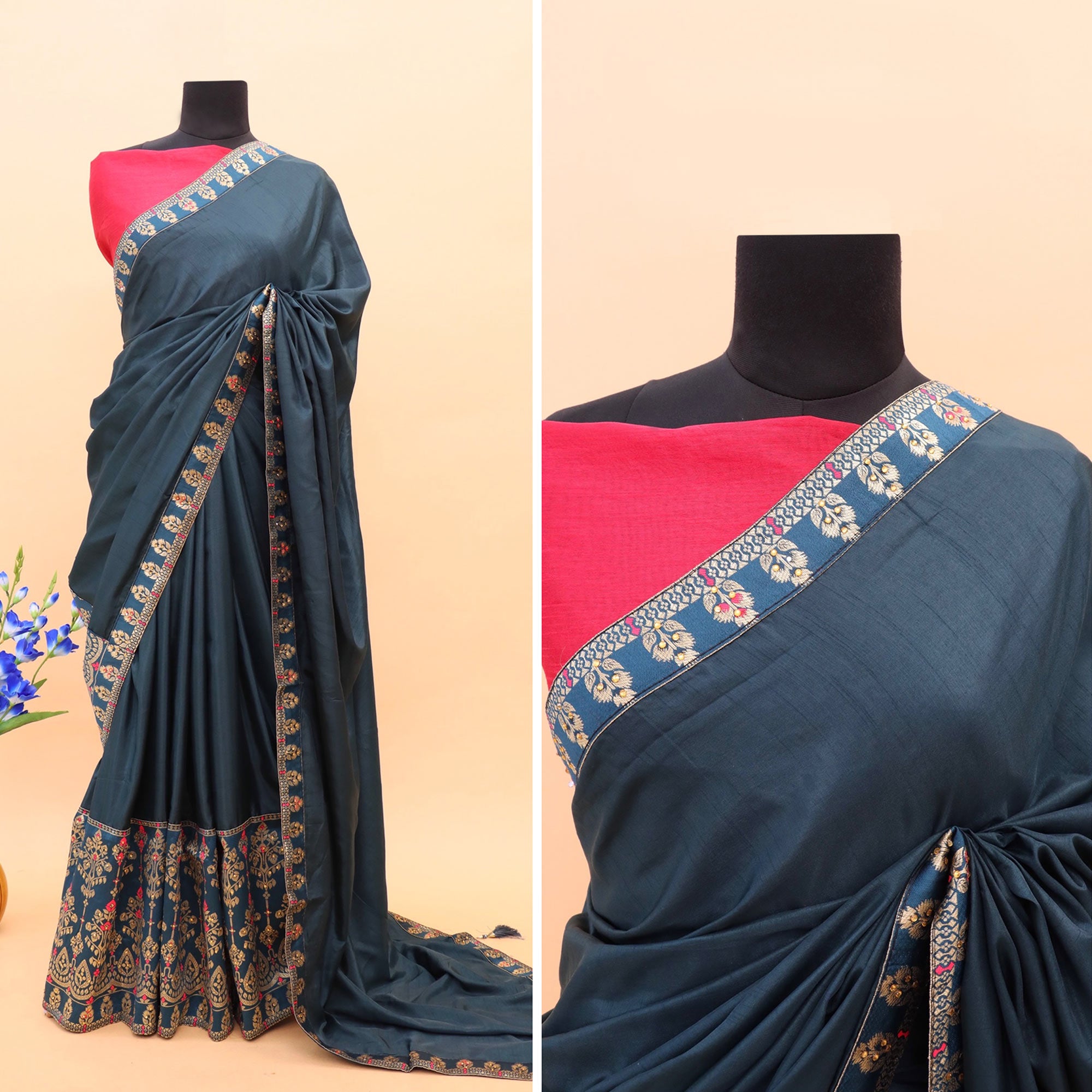 Darkish Blue Woven With Stone Work Art Silk Saree With Tassels