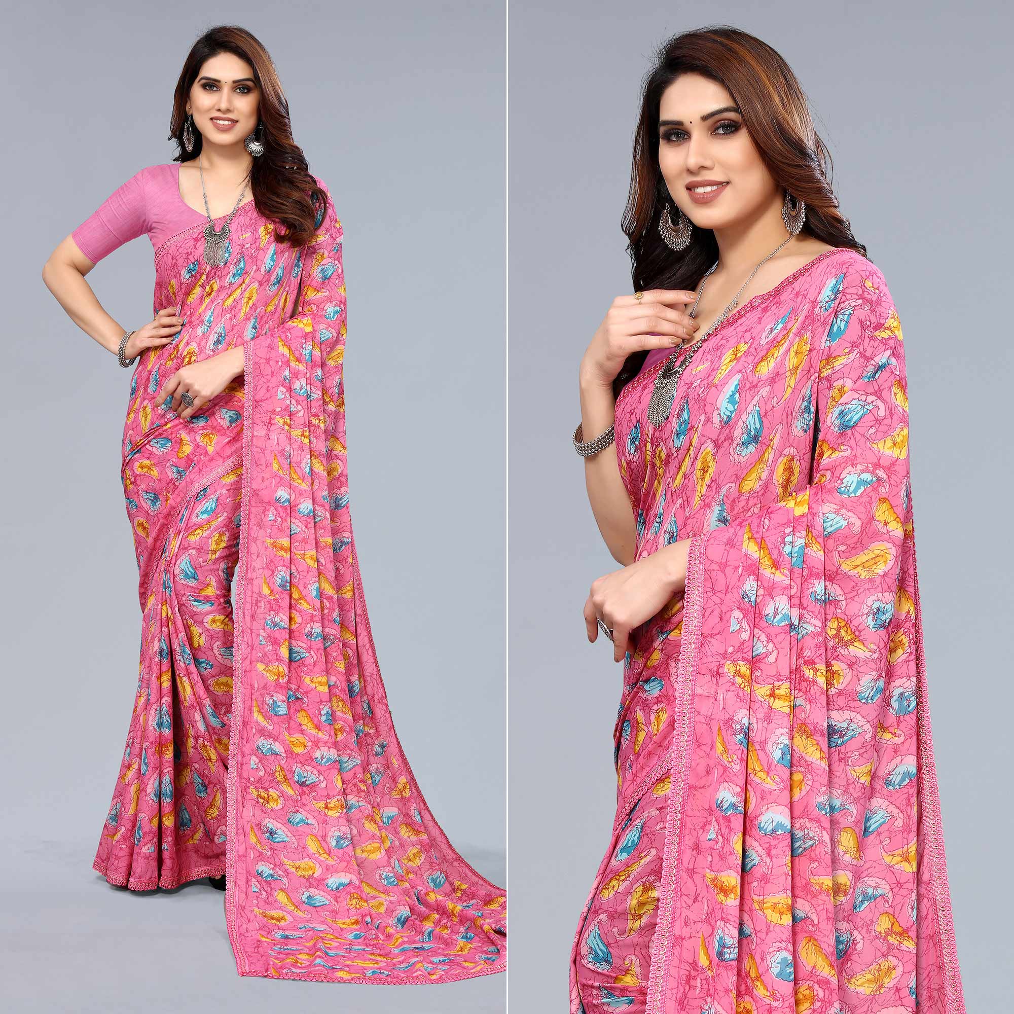 Pink Printed Georgette Saree With Crochet Border