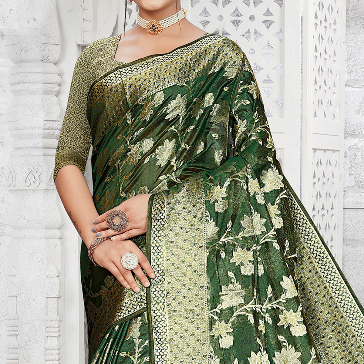 Bottle Green Floral Woven Organza Saree With Tassels