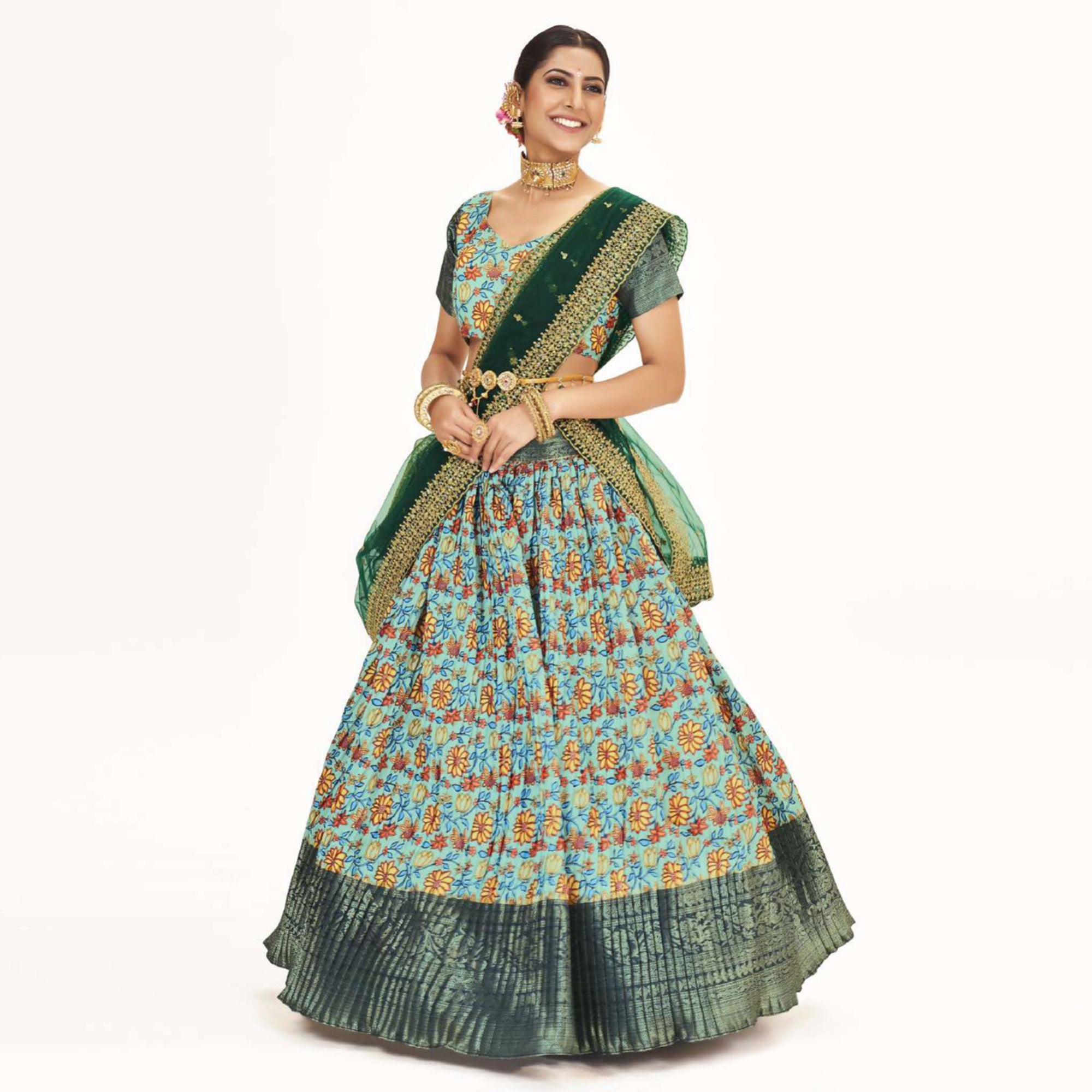 Seafoam Green Digital Printed With Zari Work Art Silk Lehenga Choli