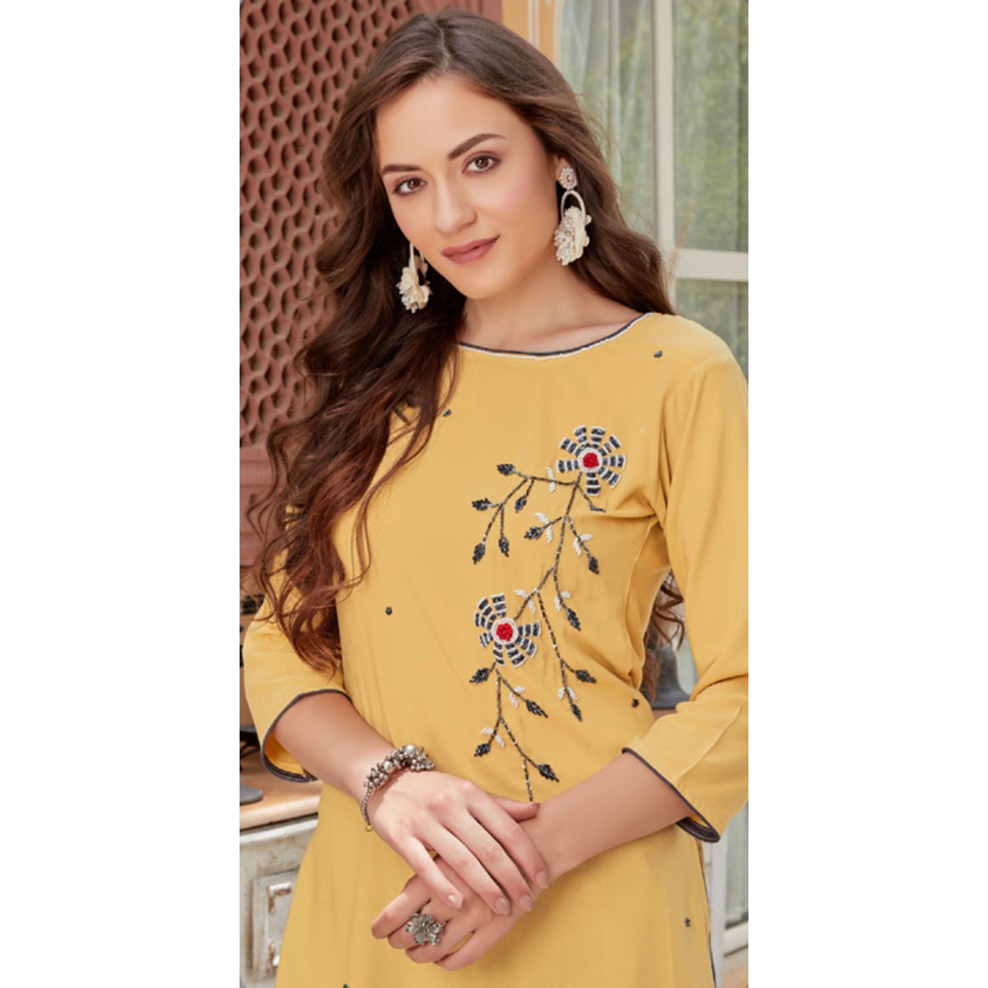 Mustard Embroidered Rayon Kurti