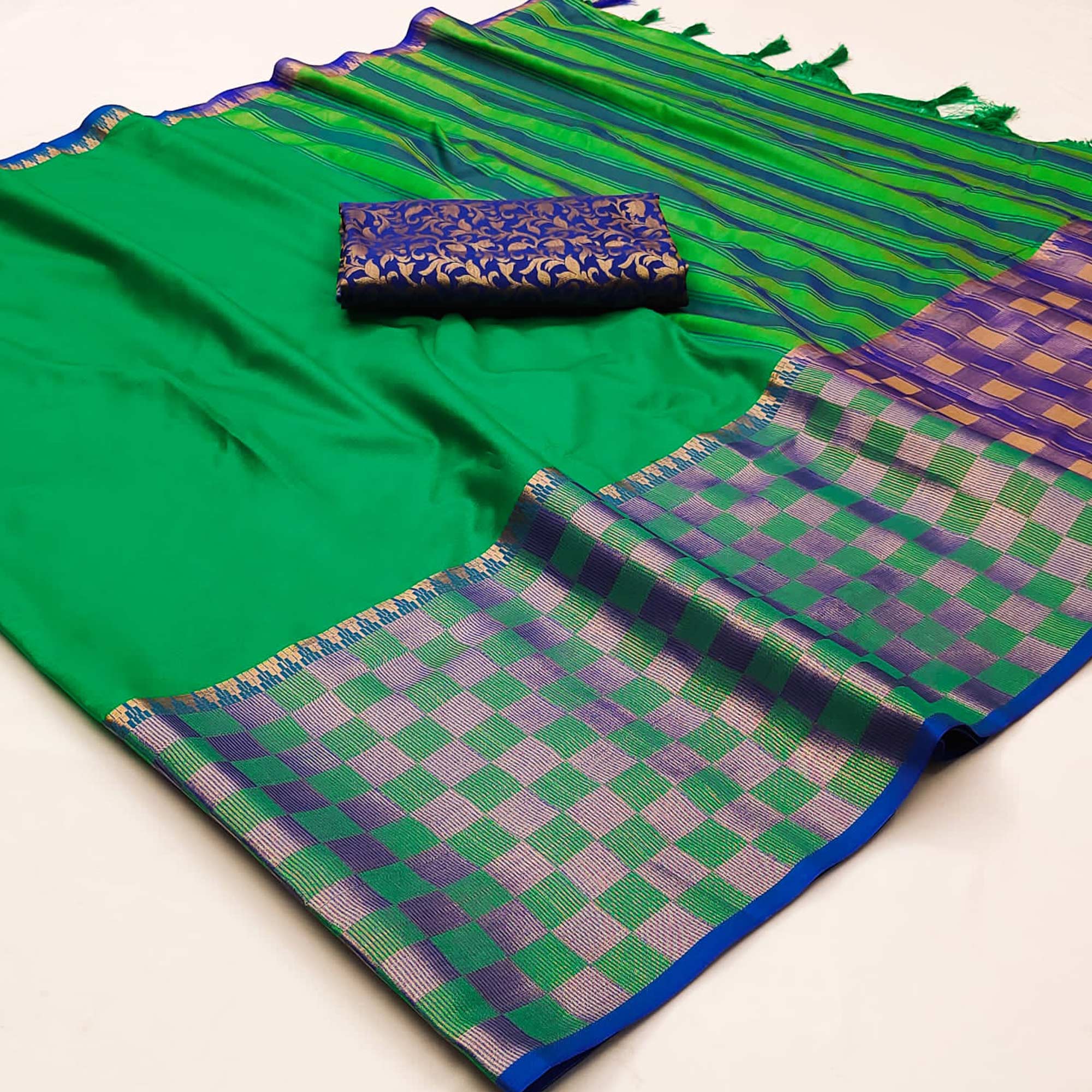 Green Woven Cotton Silk Saree With Tassels