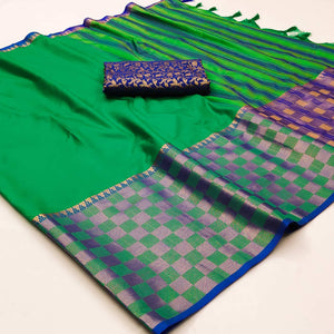 Green Woven Cotton Silk Saree With Tassels