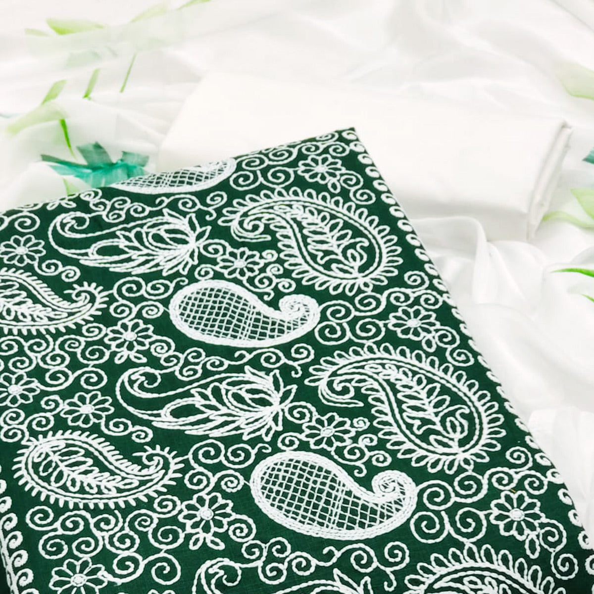 Green Embroidered Cotton Blend Dress Material