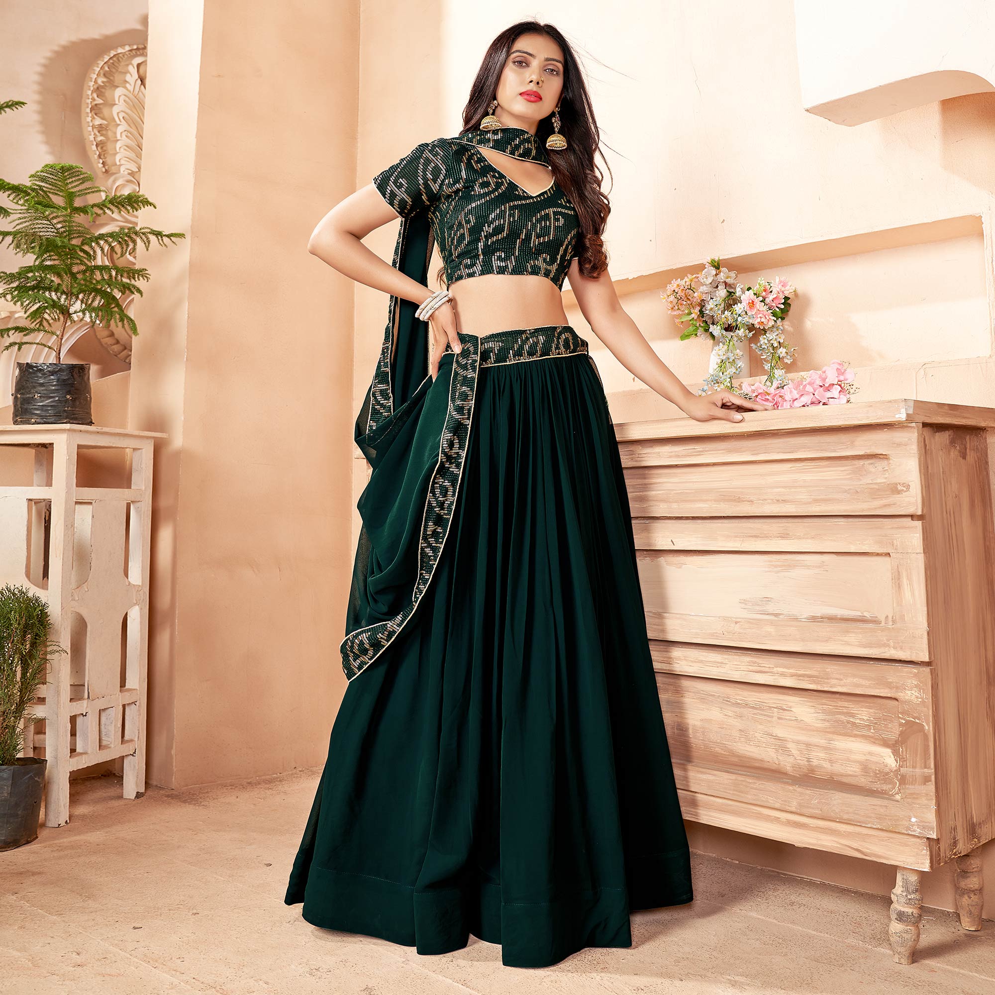 Dark Green Sequins Embroidered Georgette Lehenga Choli