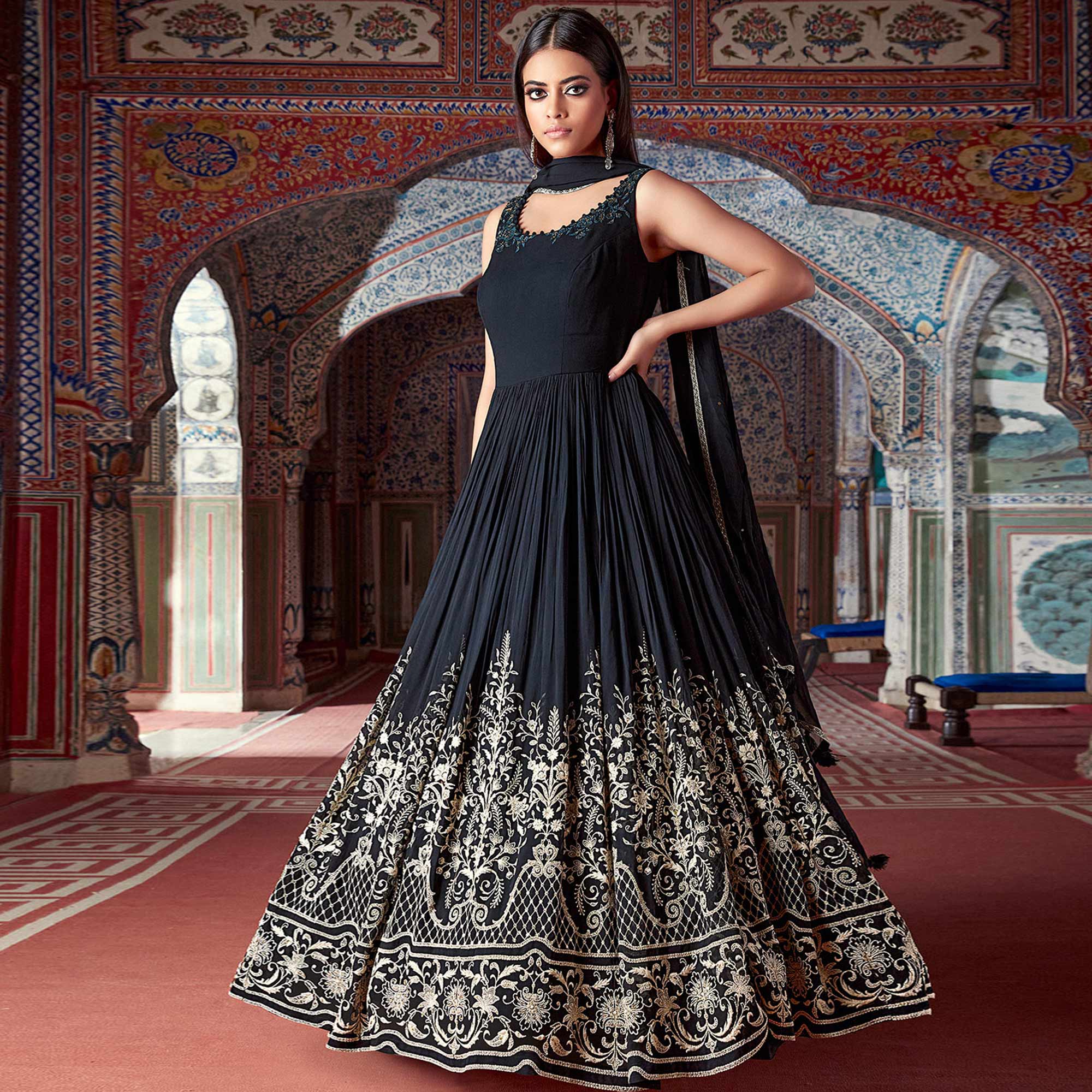 Black Floral Embroidered Georgette Gown