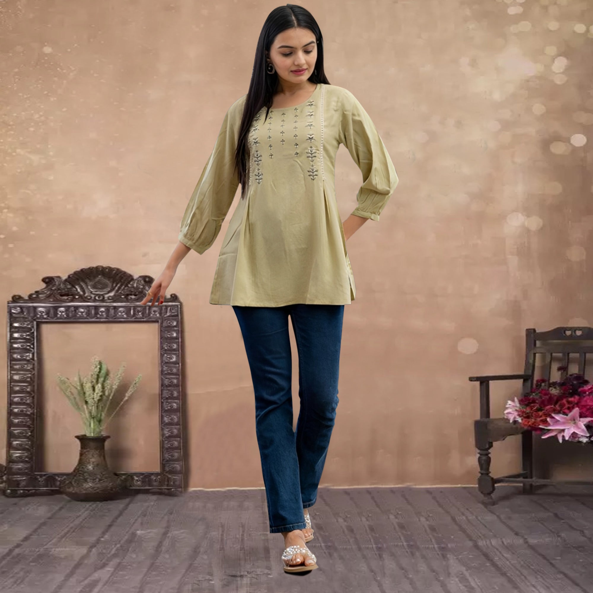 Pastel Mehendi Green Embroidered Rayon Top