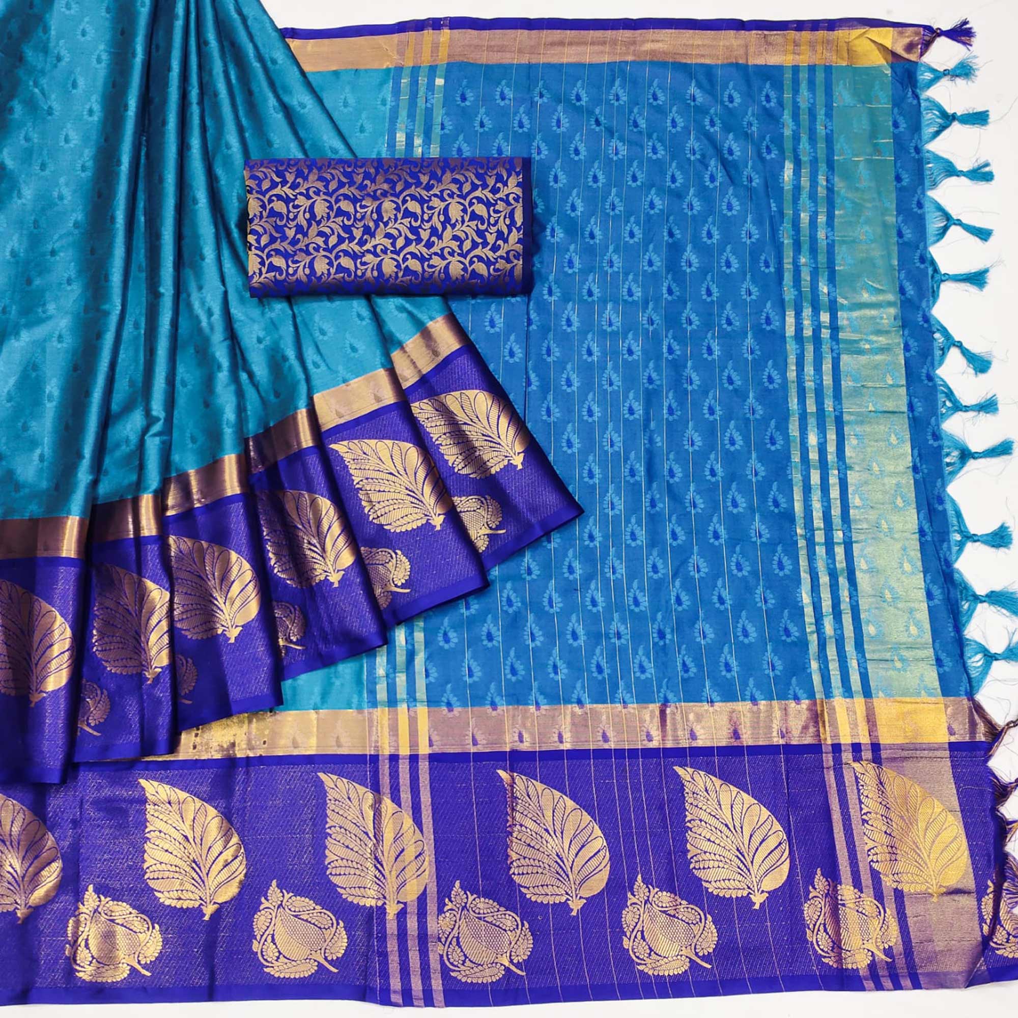 Sky Blue Woven Cotton Silk Saree With Tassels