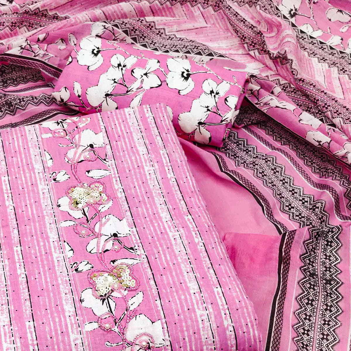 Pink Printed Cotton Dress Material