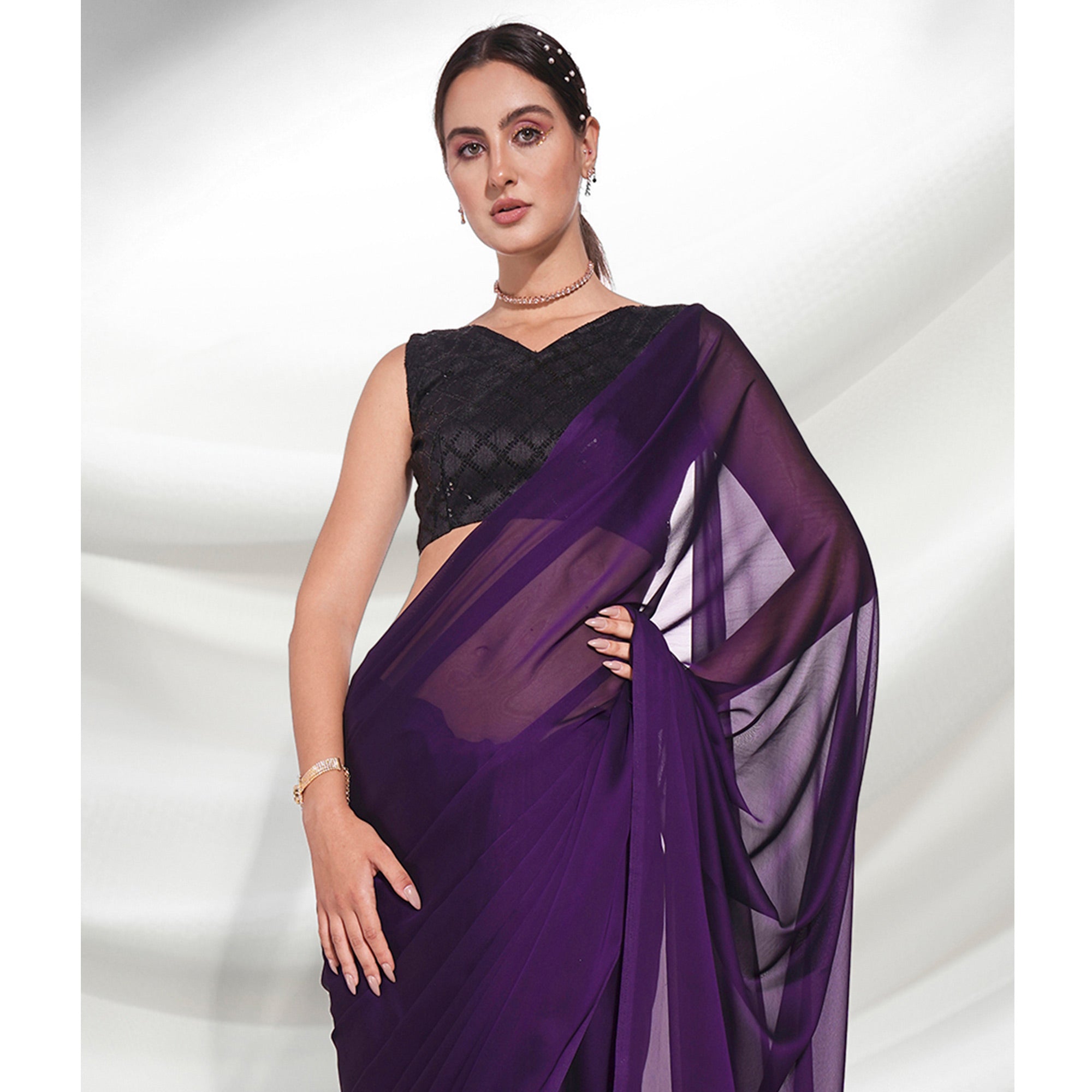 Dark Violet Solid Georgette Saree