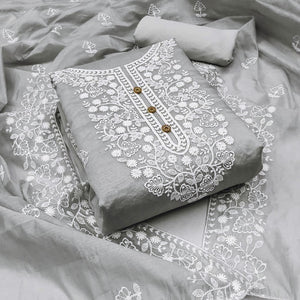Grey Floral Embroidered Modal Dress Material