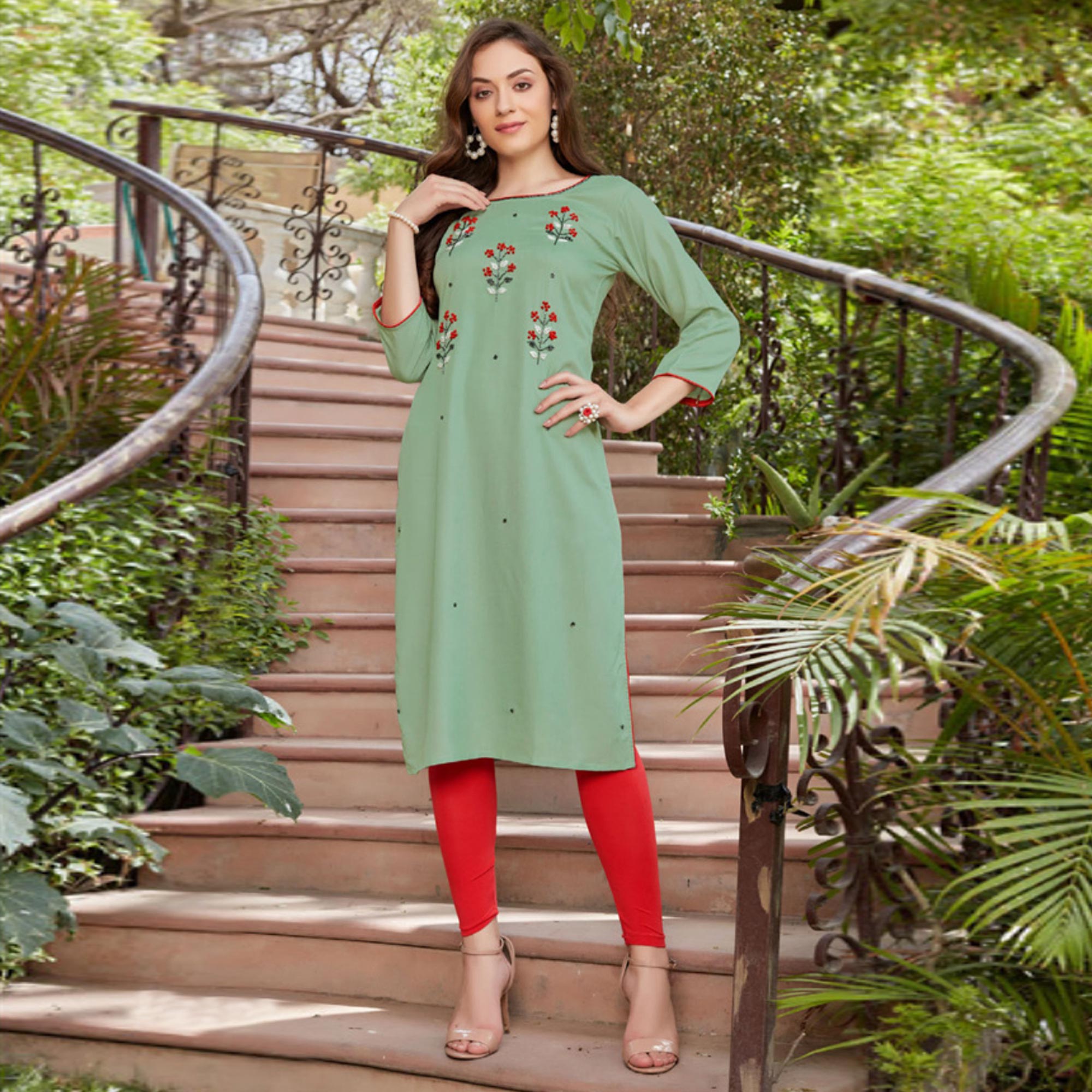 Green Embroidered Rayon Kurti