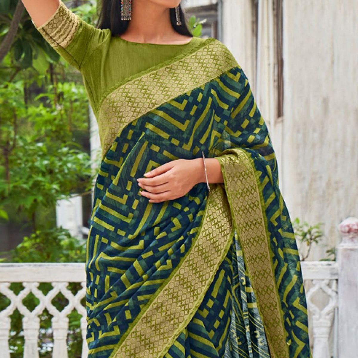 Green-Blue Printed With Woven Border Raw Silk Saree