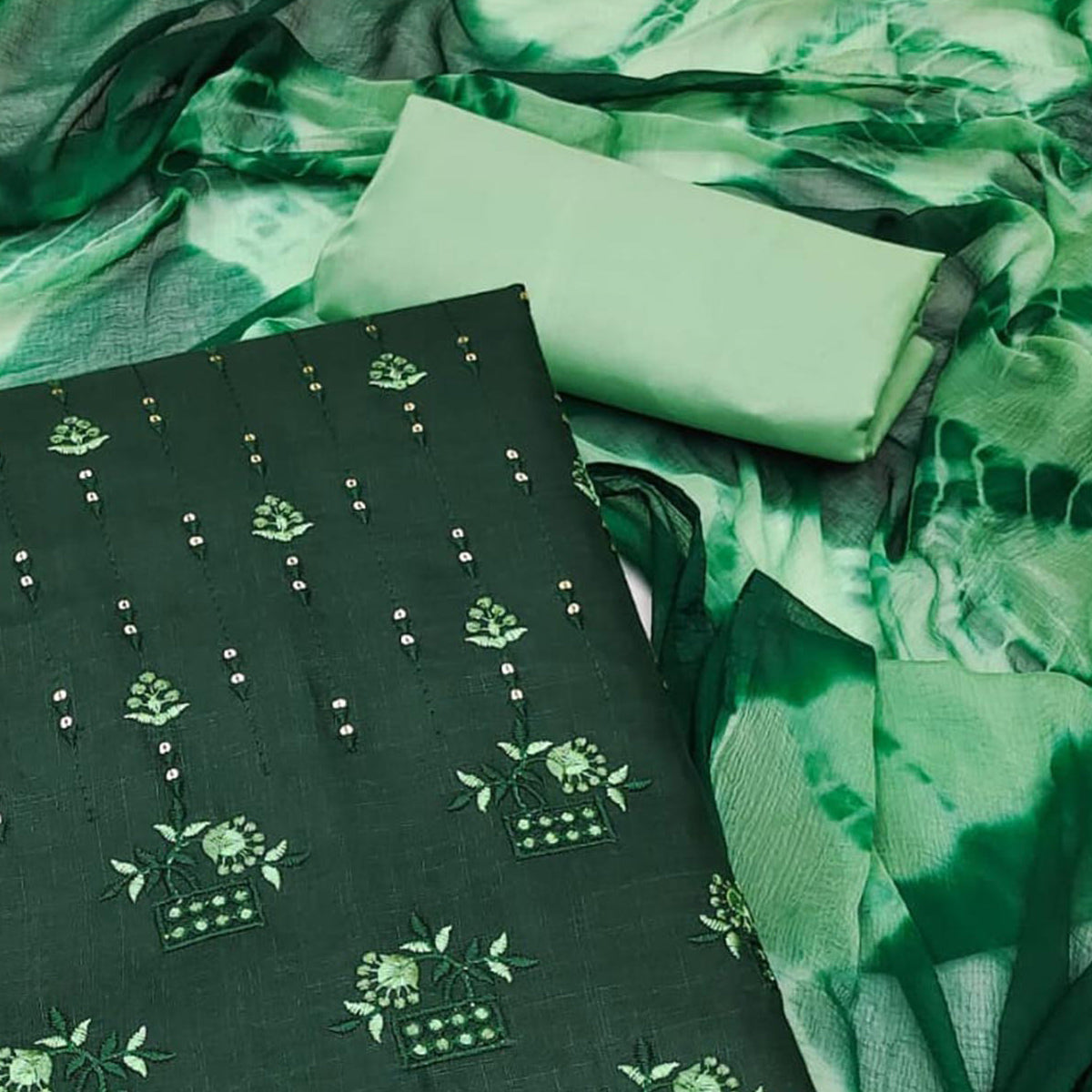 Bottle Green Floral Sequins Embroidered Cotton Blend Dress Material