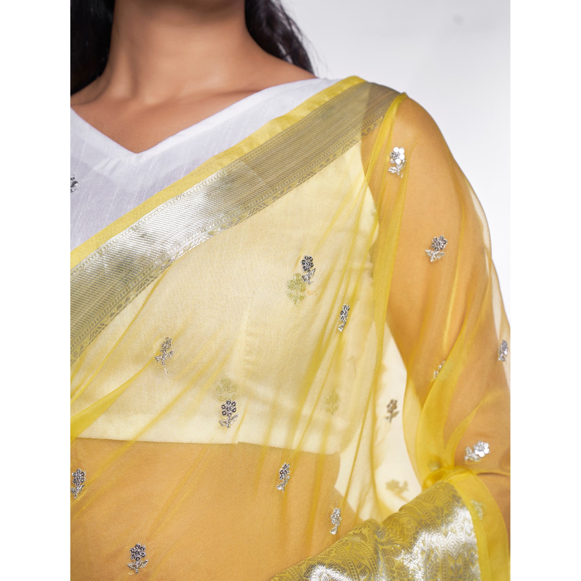 Lemon Yellow Sequins Floral Embroidered Organza Saree