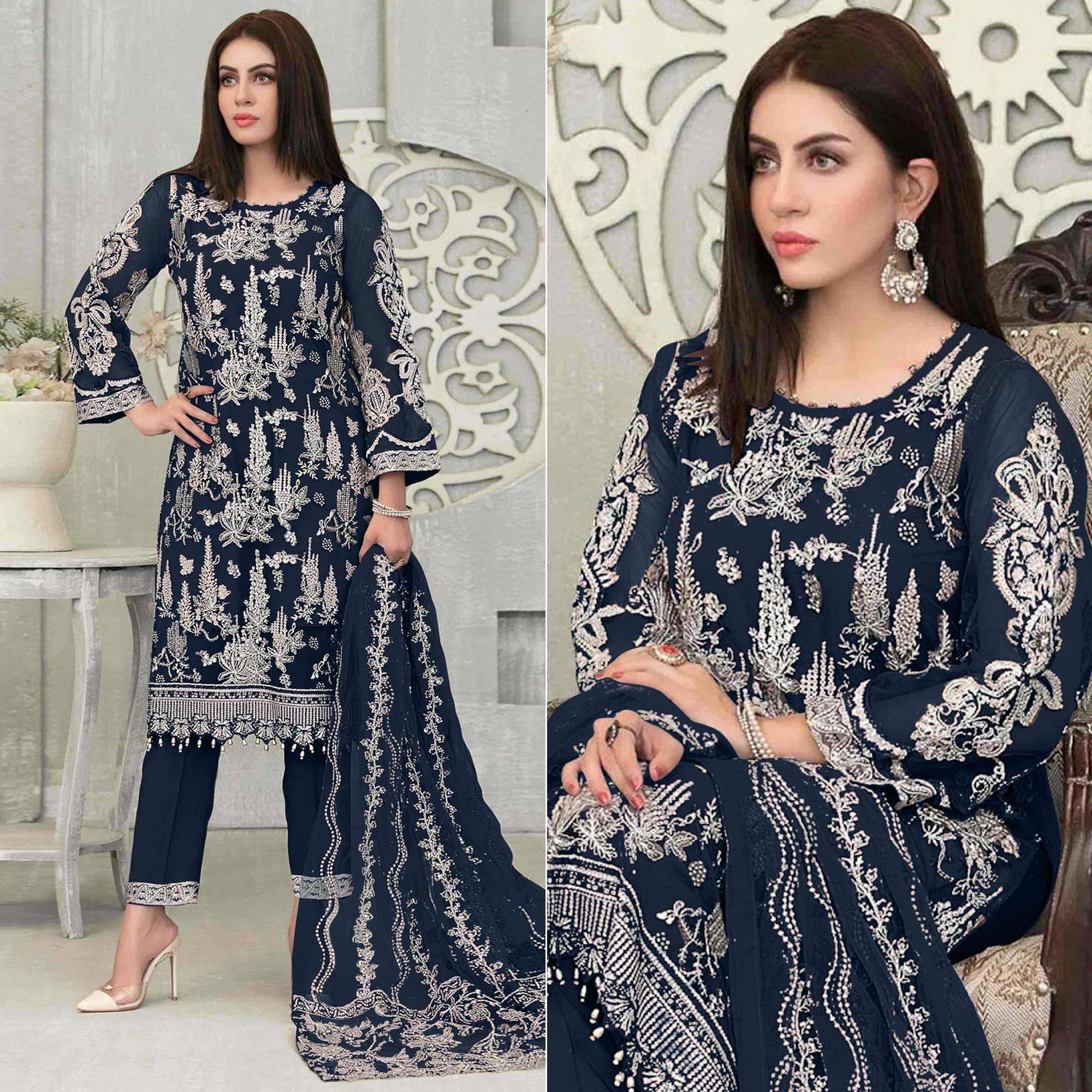 Rama Blue Floral Embroidered Georgette Pakistani Suit