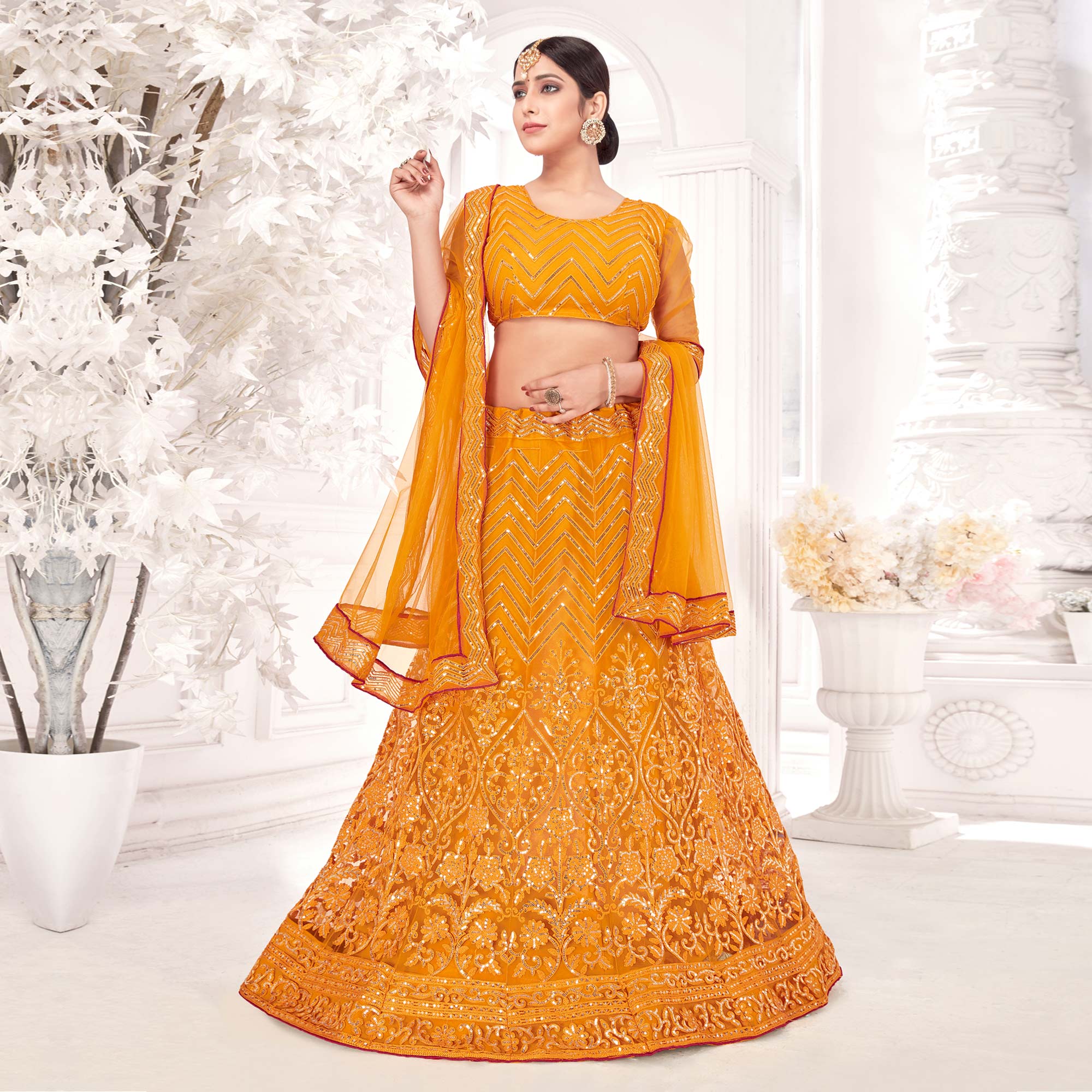 Mustard Sequins Embroidered Netted Lehenga Choli