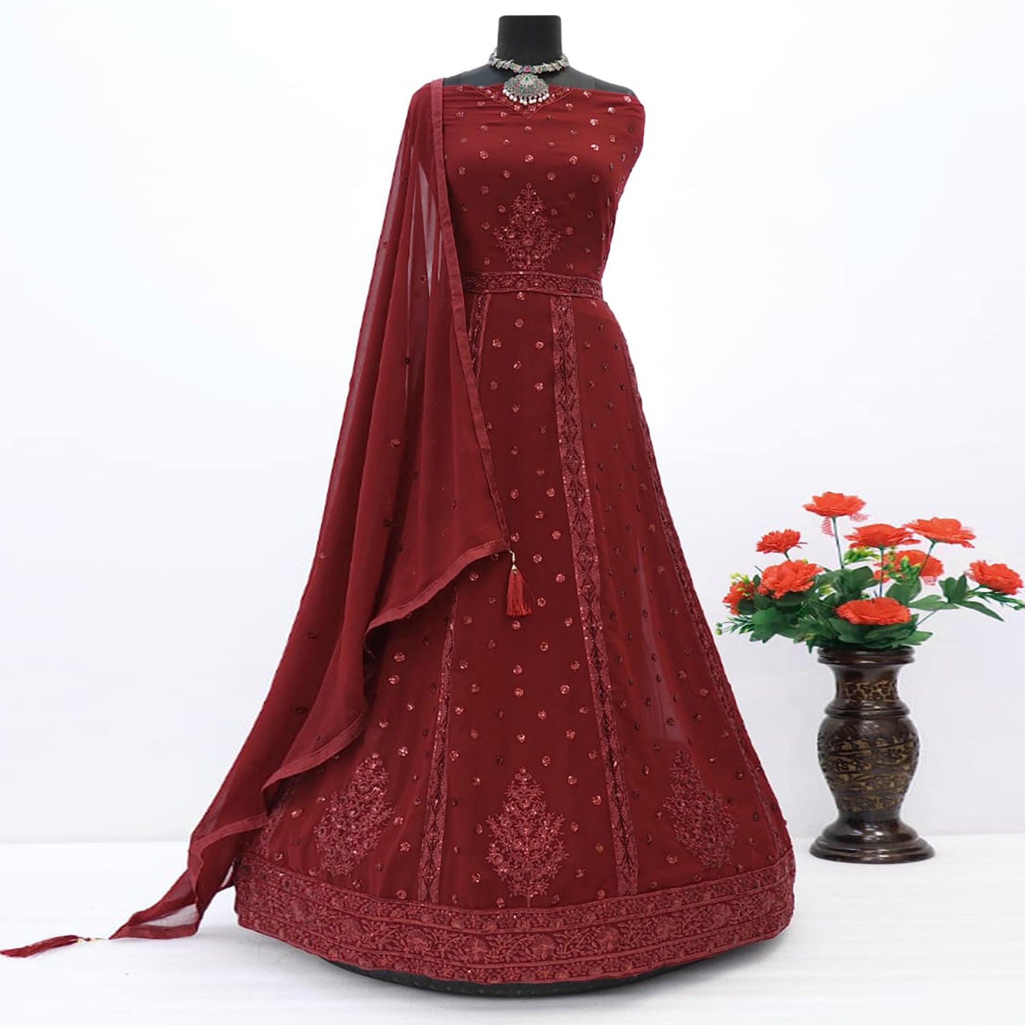 Maroon Embroidered Georgette Gown